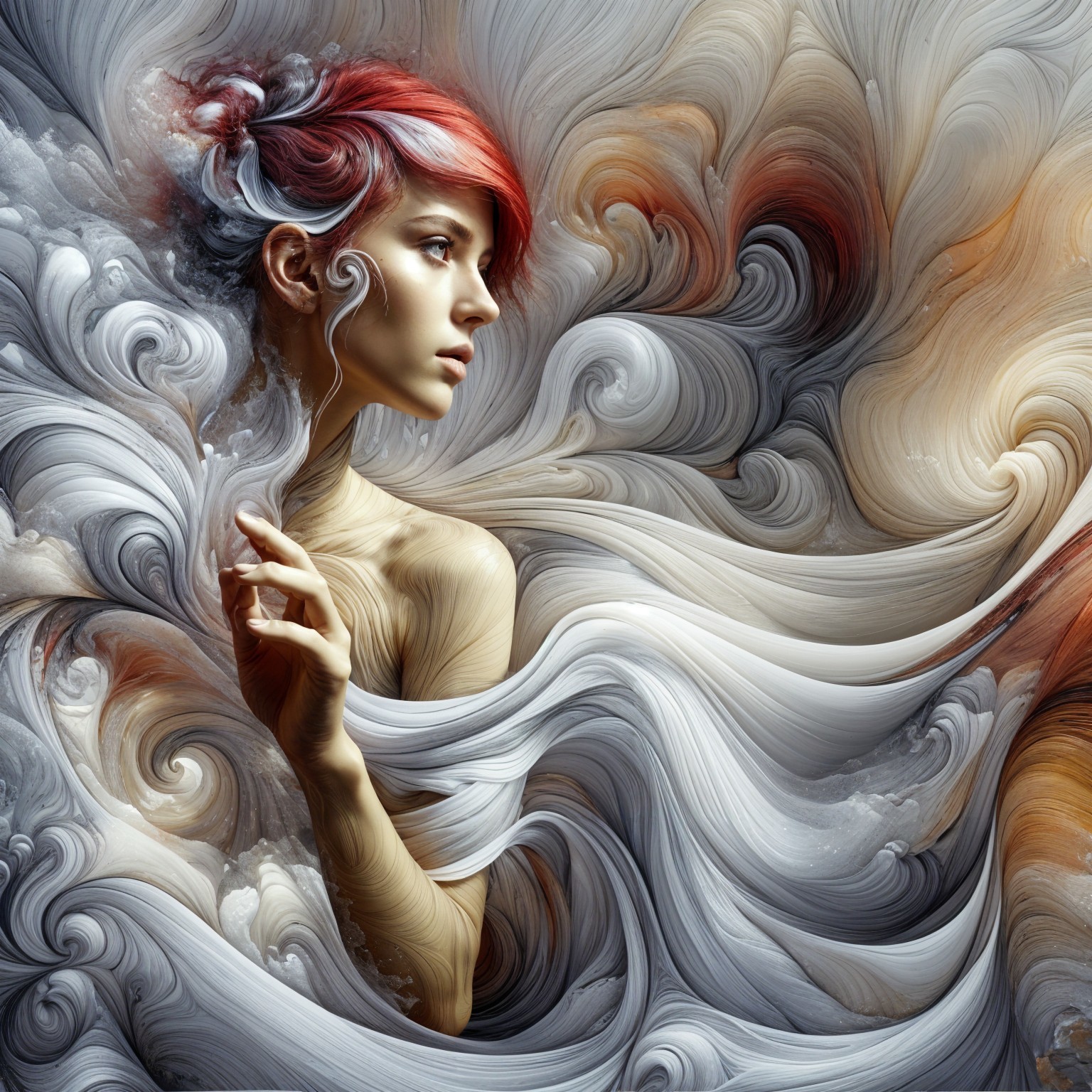 Ethereal Portrait of a Woman with Red Hair and Patterns