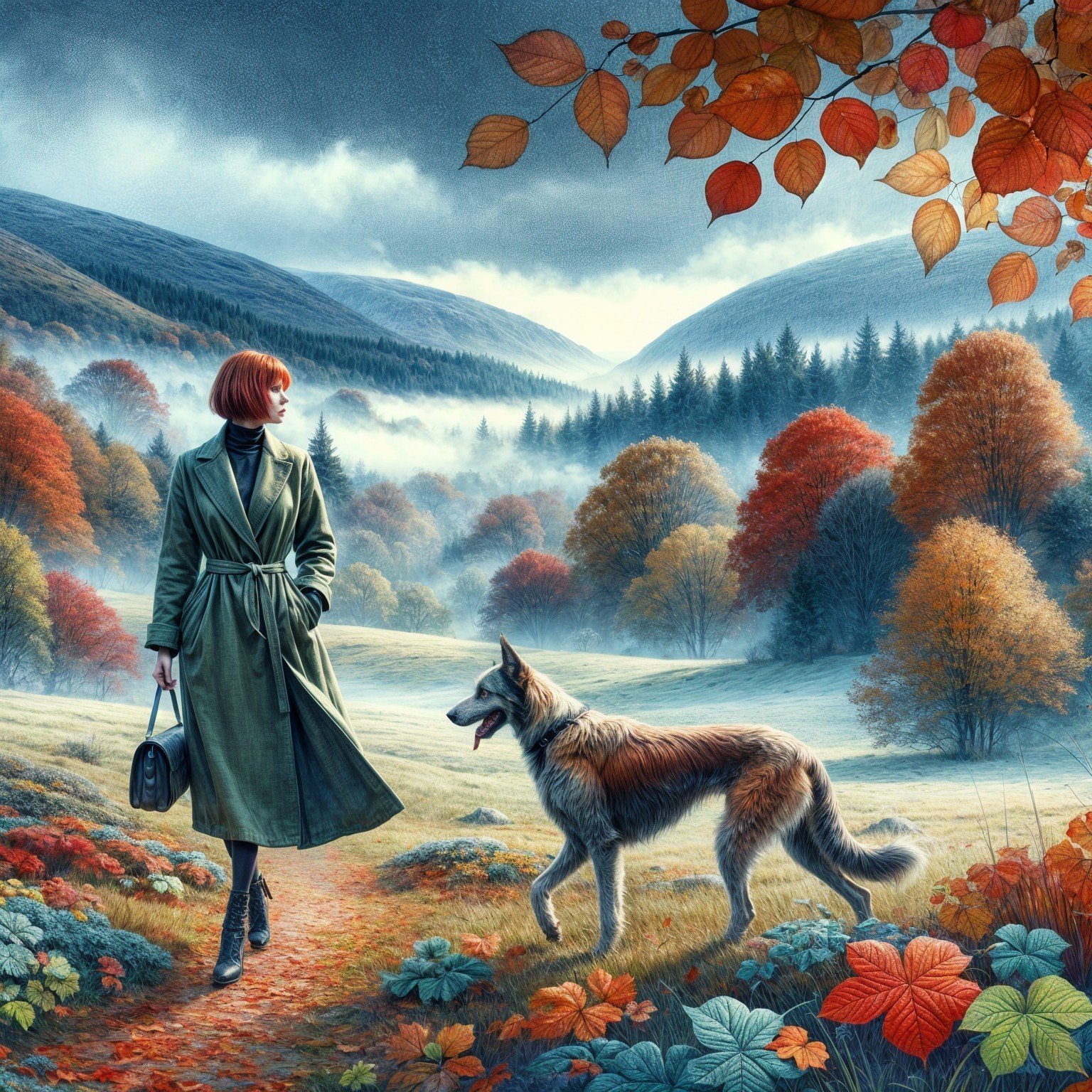 Autumn Landscape with Woman and Dog Amidst Foliage