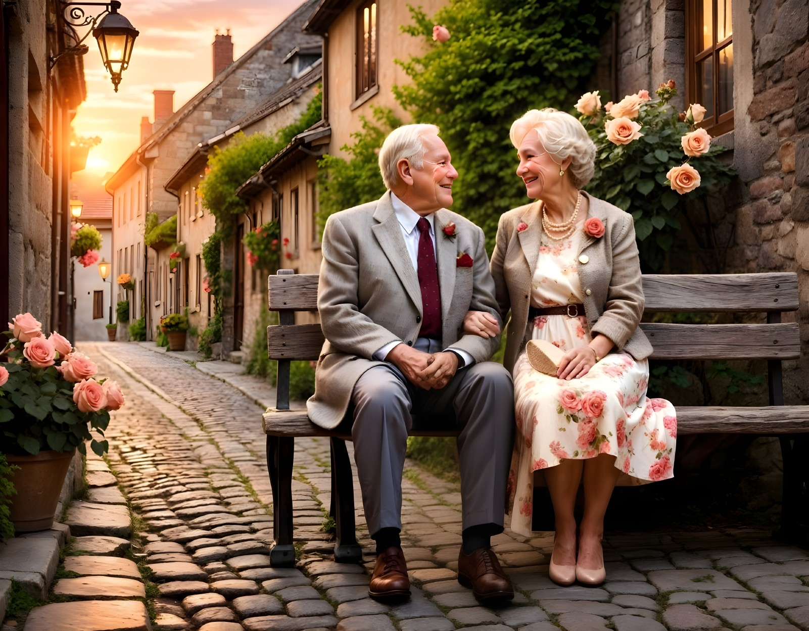 Elderly Couple Enjoys Sunset in Quaint Village Setting