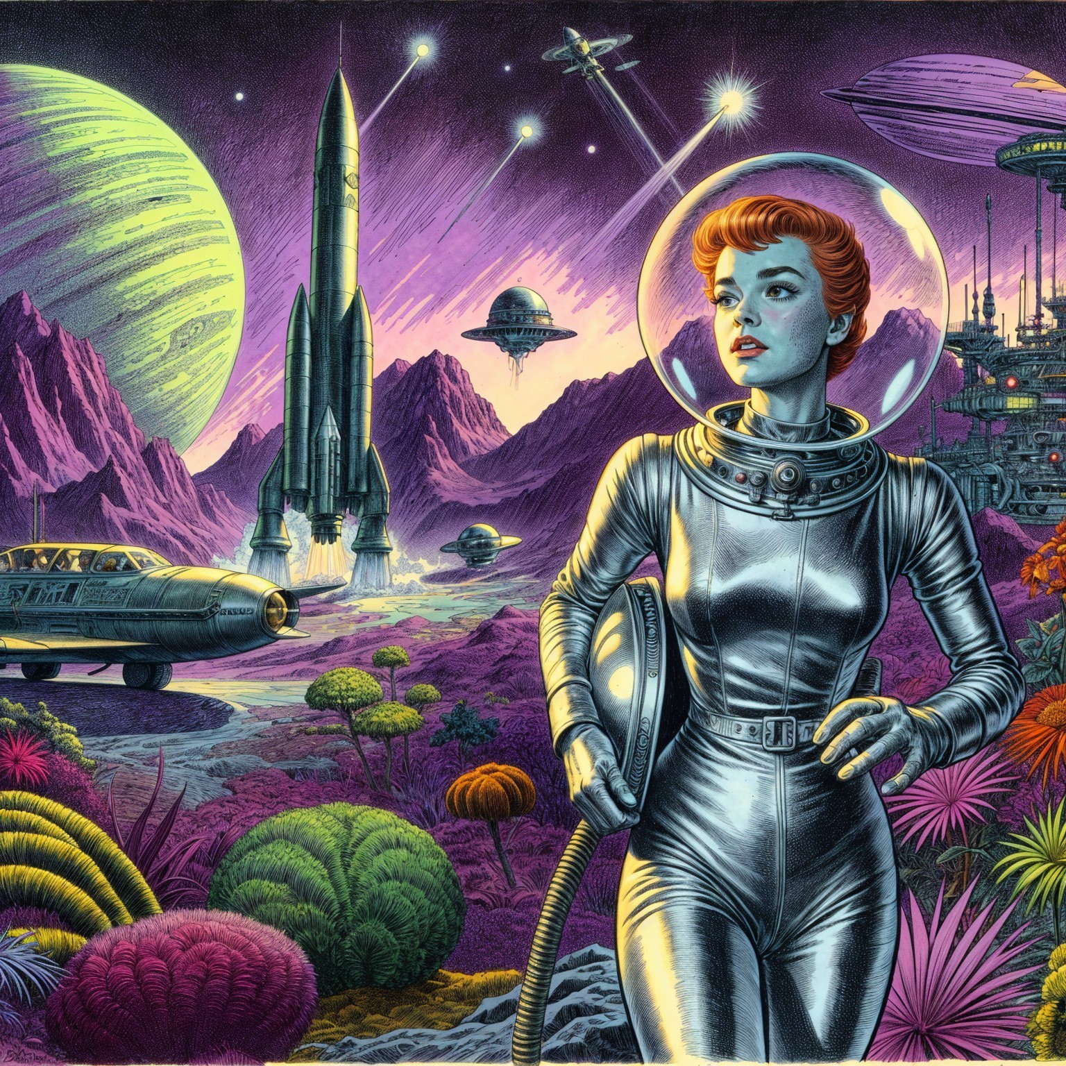 Retro-futuristic astronaut in vibrant alien landscape