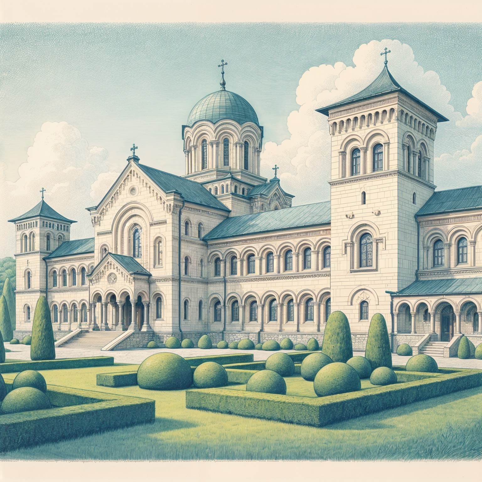 Ornate Architectural Structure with Manicured Gardens