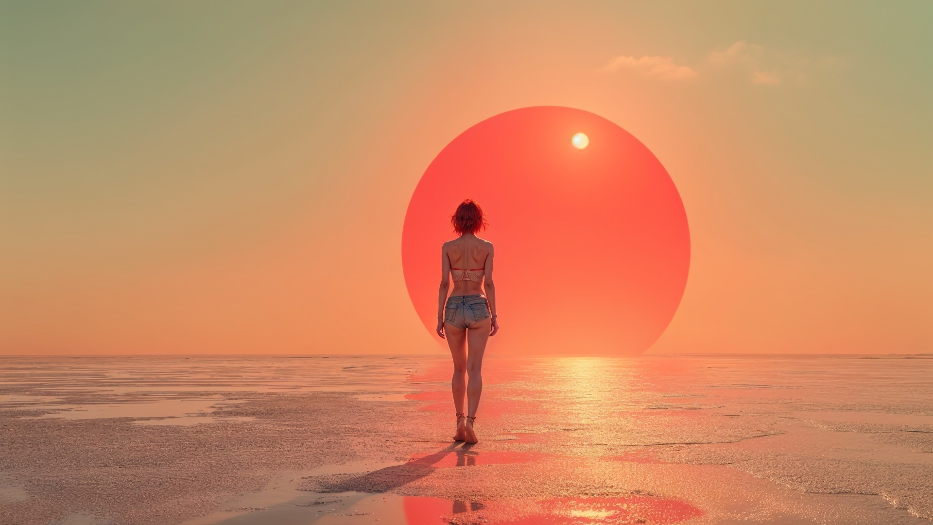 Lone Figure on Reflective Surface at Vibrant Sunset