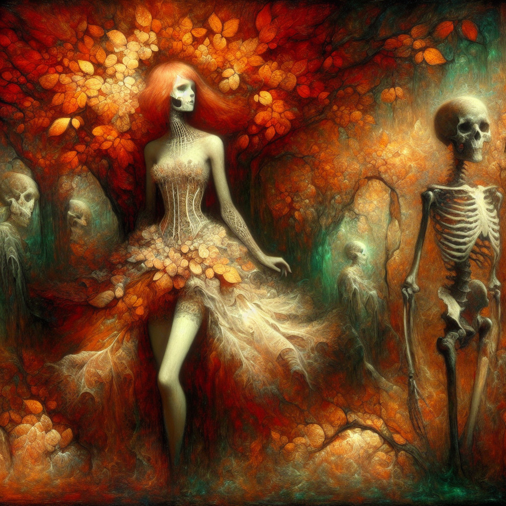 Skeletal Figure Dancing in a Mystical Autumn Forest