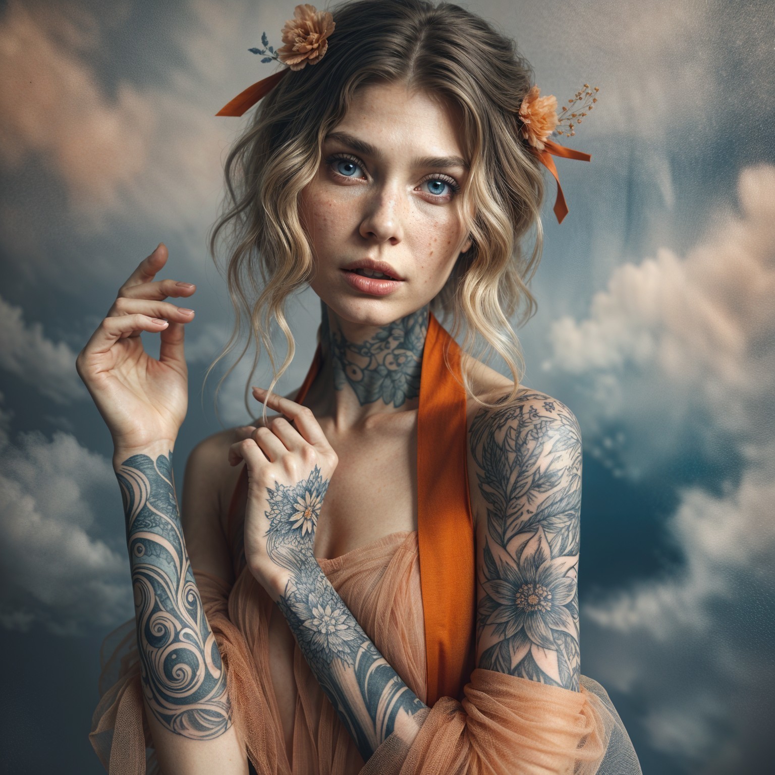 Young woman with floral tattoos and orange ribbon