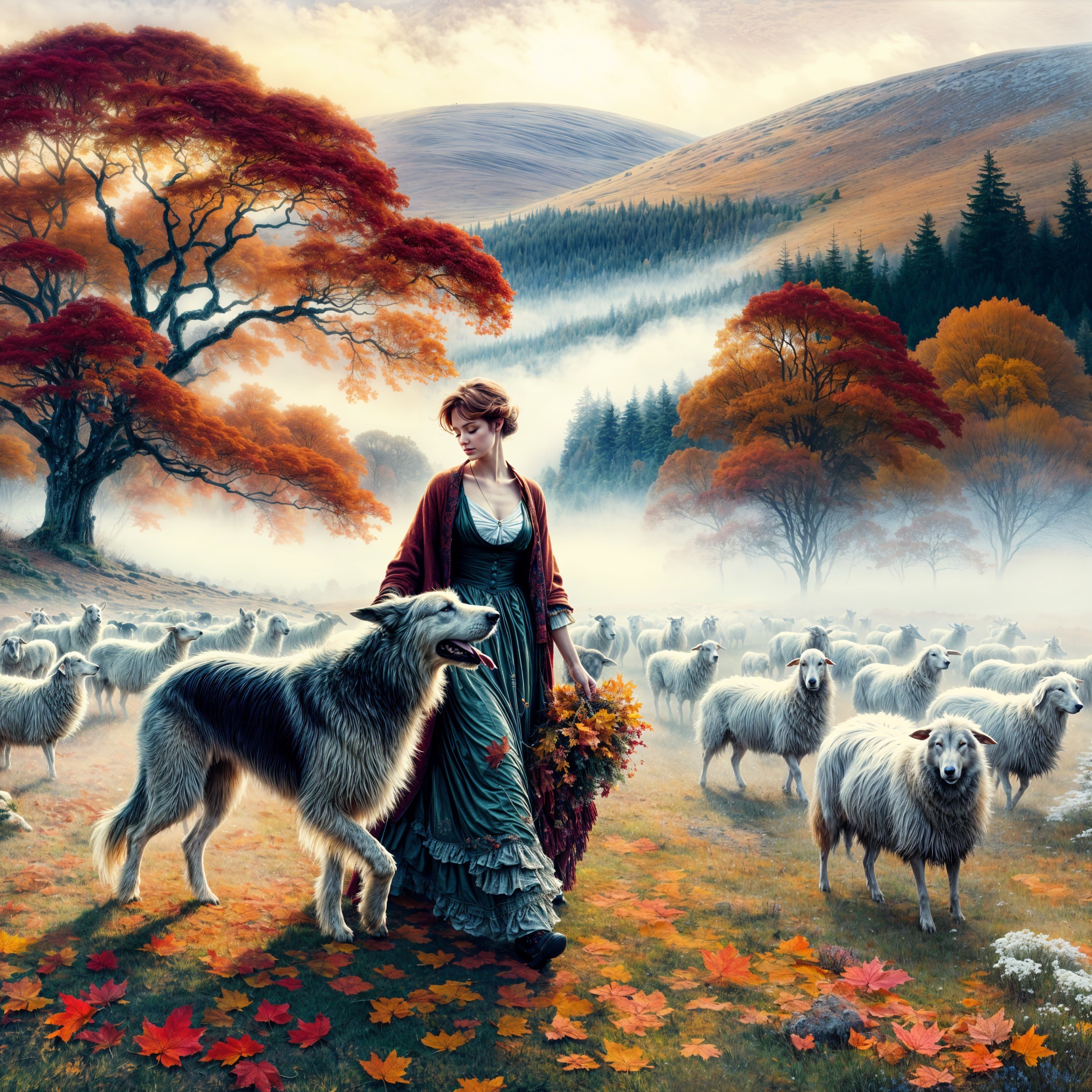 Autumn Landscape with Woman, Sheep, and Dog