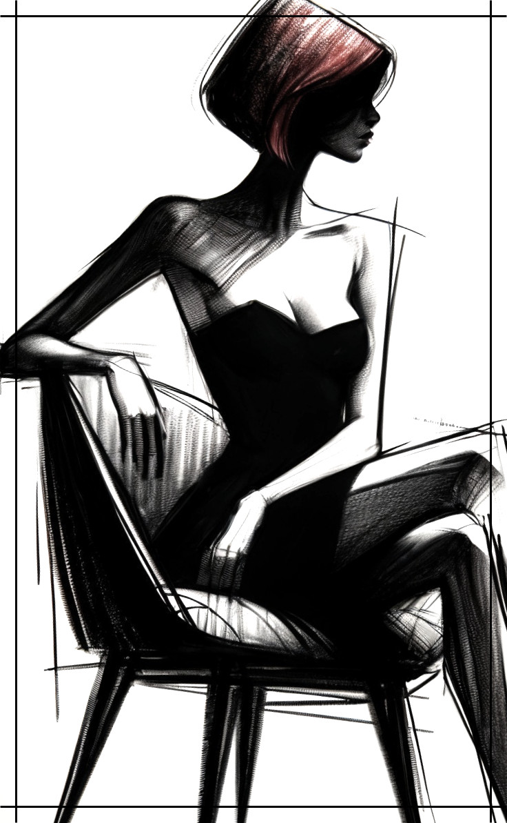 Black and white sketch of a poised woman in a chair