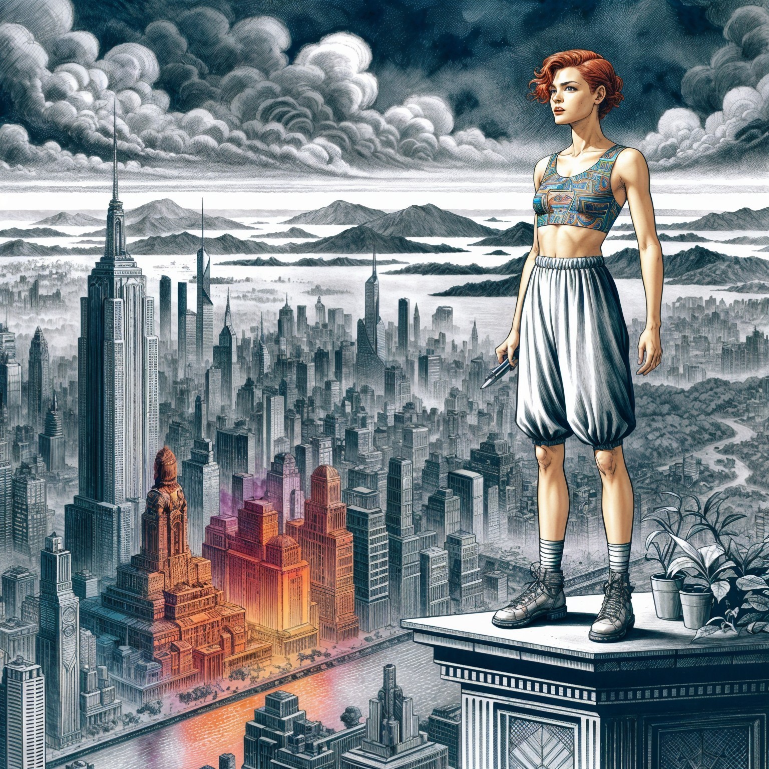Young Woman on Rooftop Overlooking Futuristic City