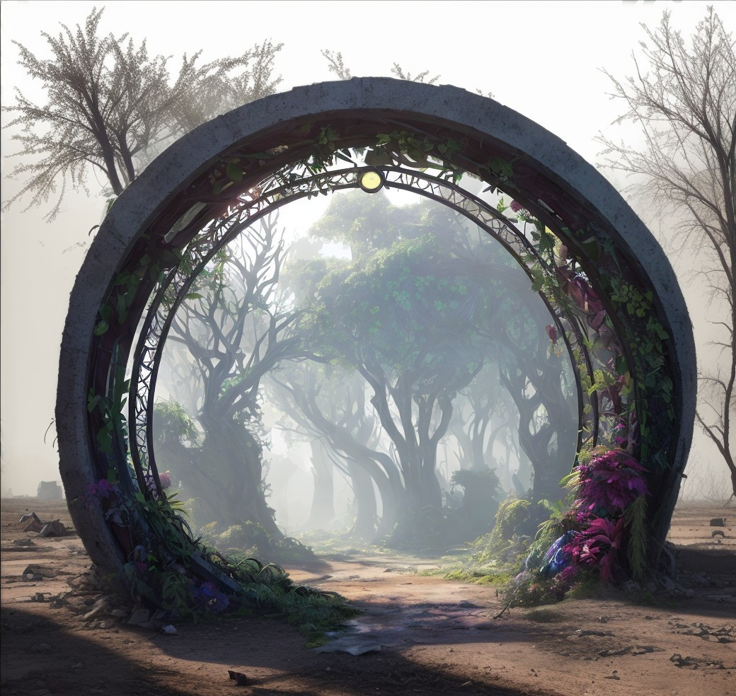 Circular Archway in a Misty Overgrown Landscape
