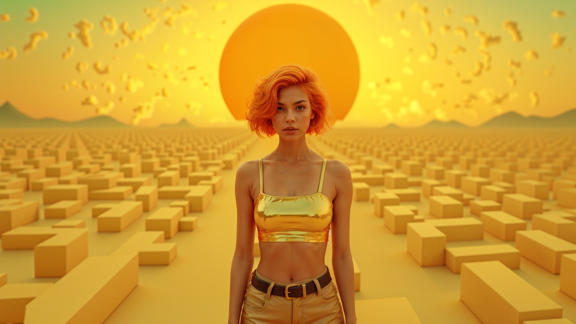 Surreal Landscape with Woman and Geometric Blocks