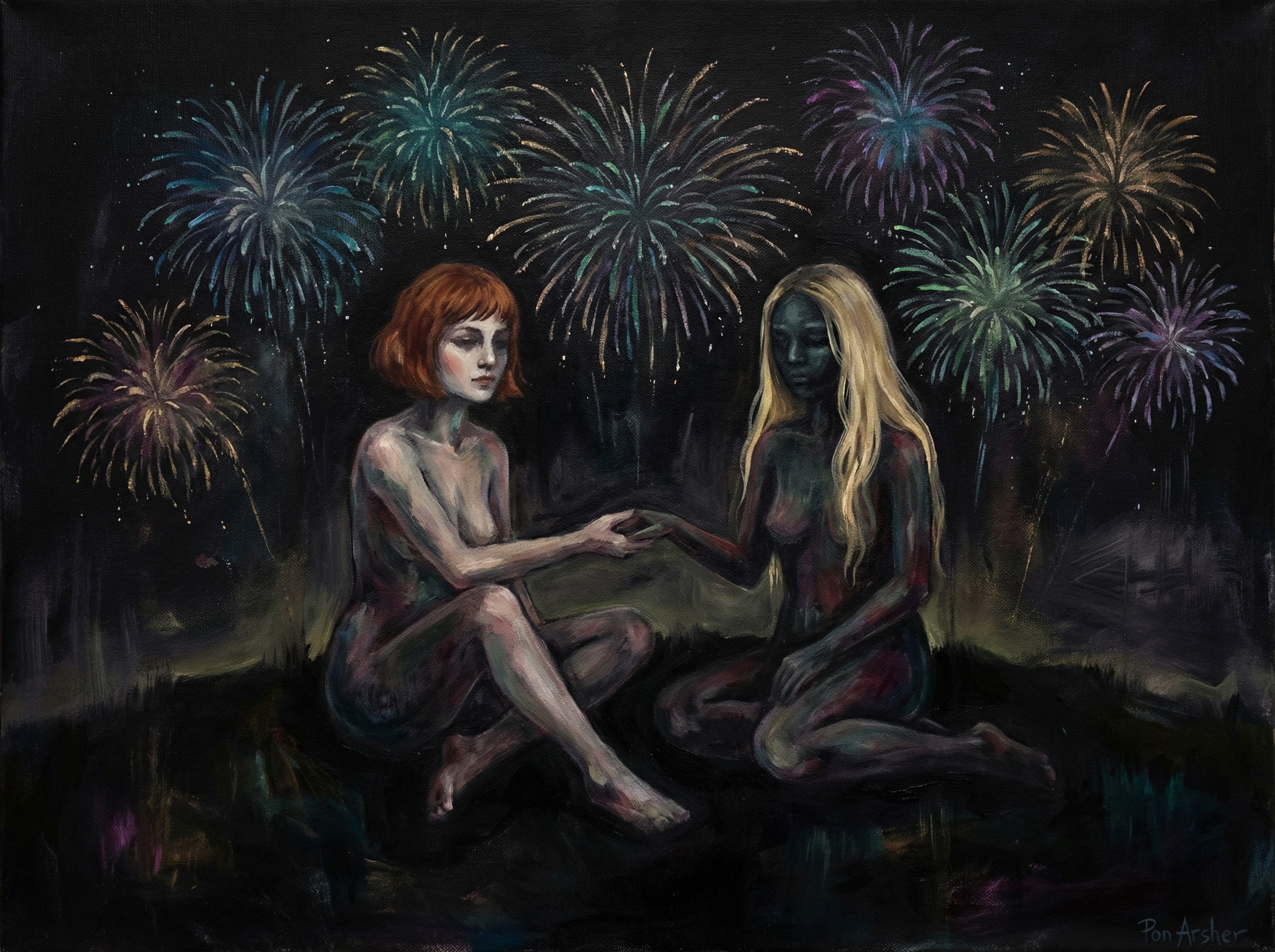 Oil Painting of Two Nude Women with Fireworks Background