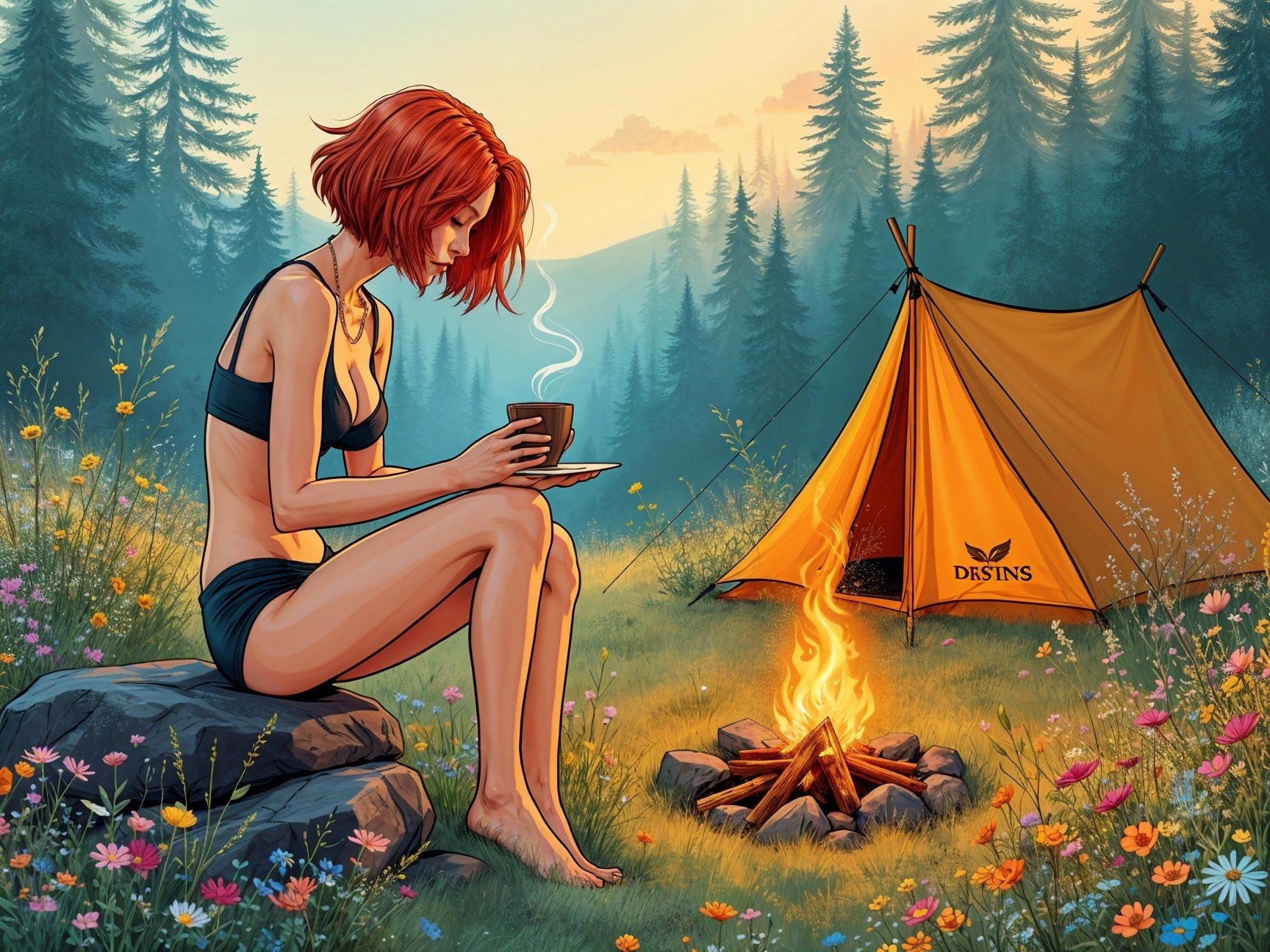 Serene outdoor scene with woman, tent, and campfire