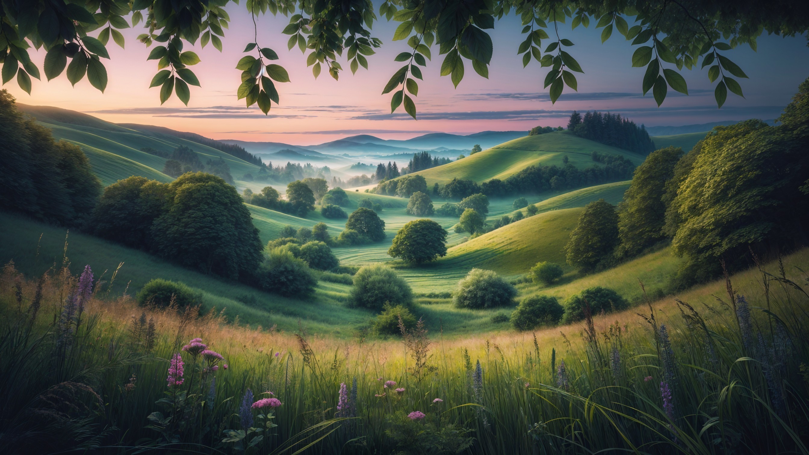Serene Landscape with Rolling Green Hills and Dawn Light