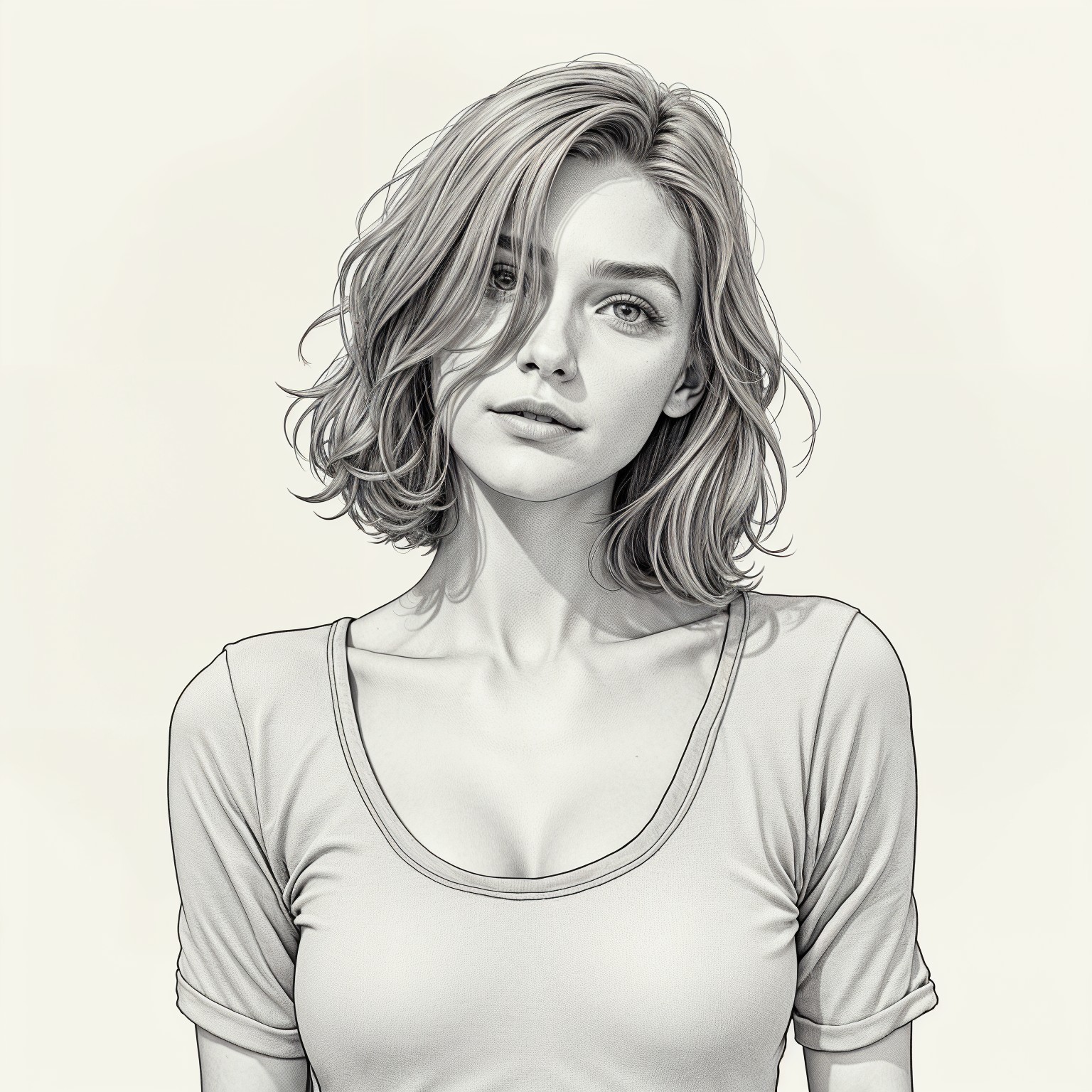 Young woman with tousled hair and soft expression