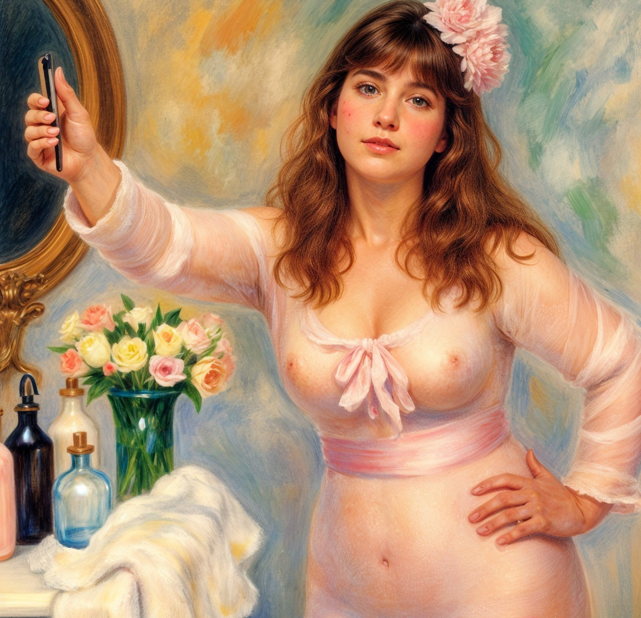 Young woman in sheer pink garment taking a selfie