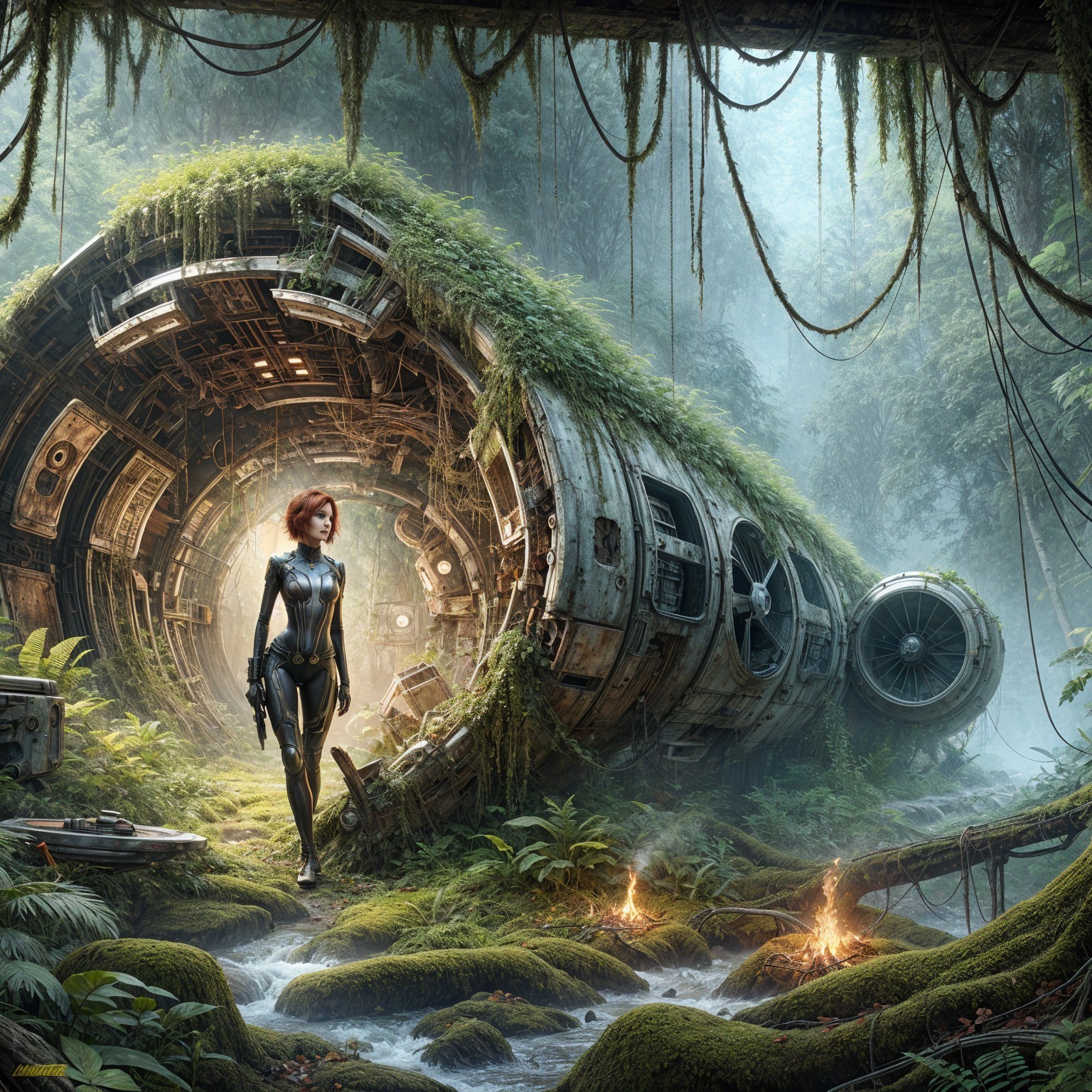 Futuristic spacecraft in a lush jungle setting