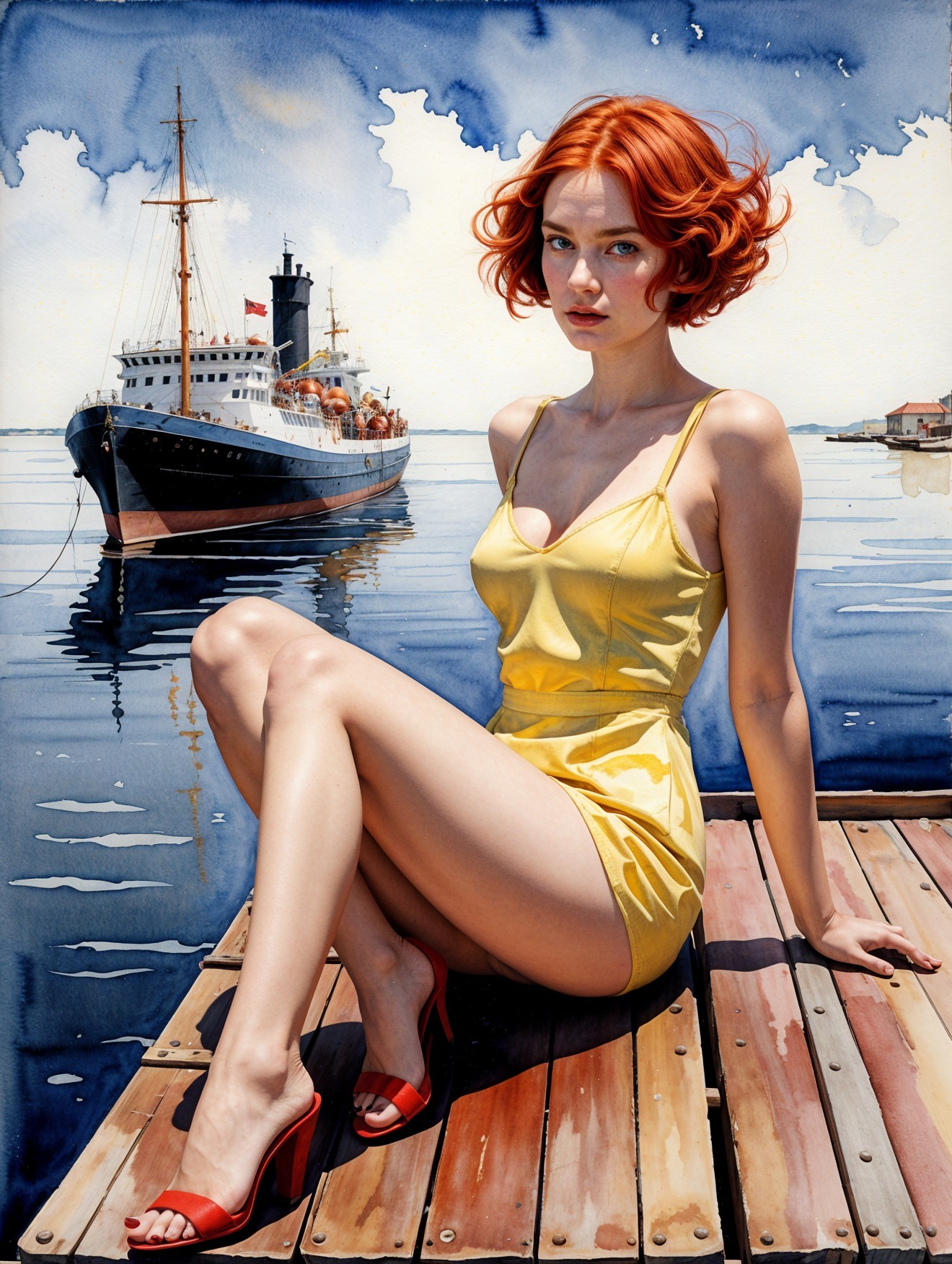 Young Woman in Yellow Swimsuit by Vintage Ship