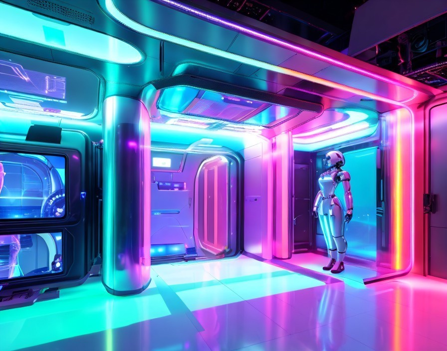 Futuristic High-Tech Room with Neon Lighting and Robot