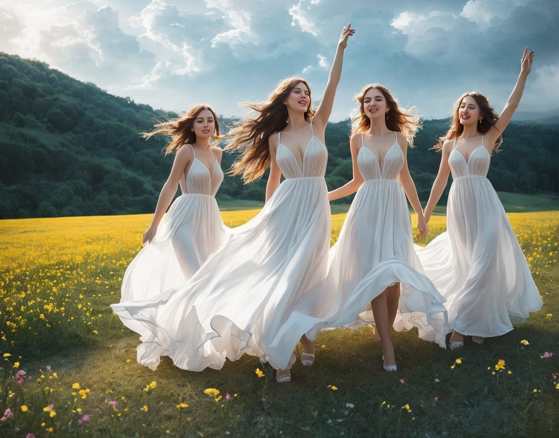 Joyful Figures Dancing in a Vibrant Wildflower Meadow