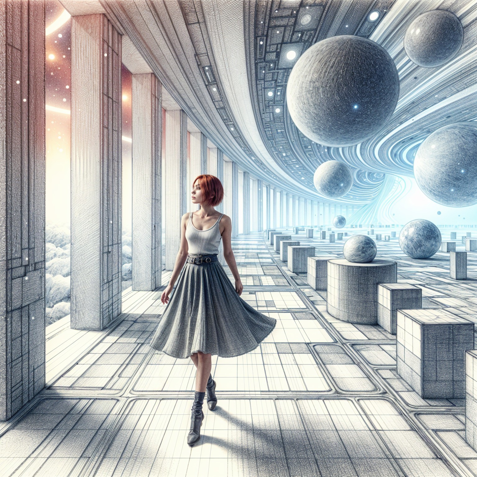 Surreal Futuristic Space with Flowing Dress and Pillars