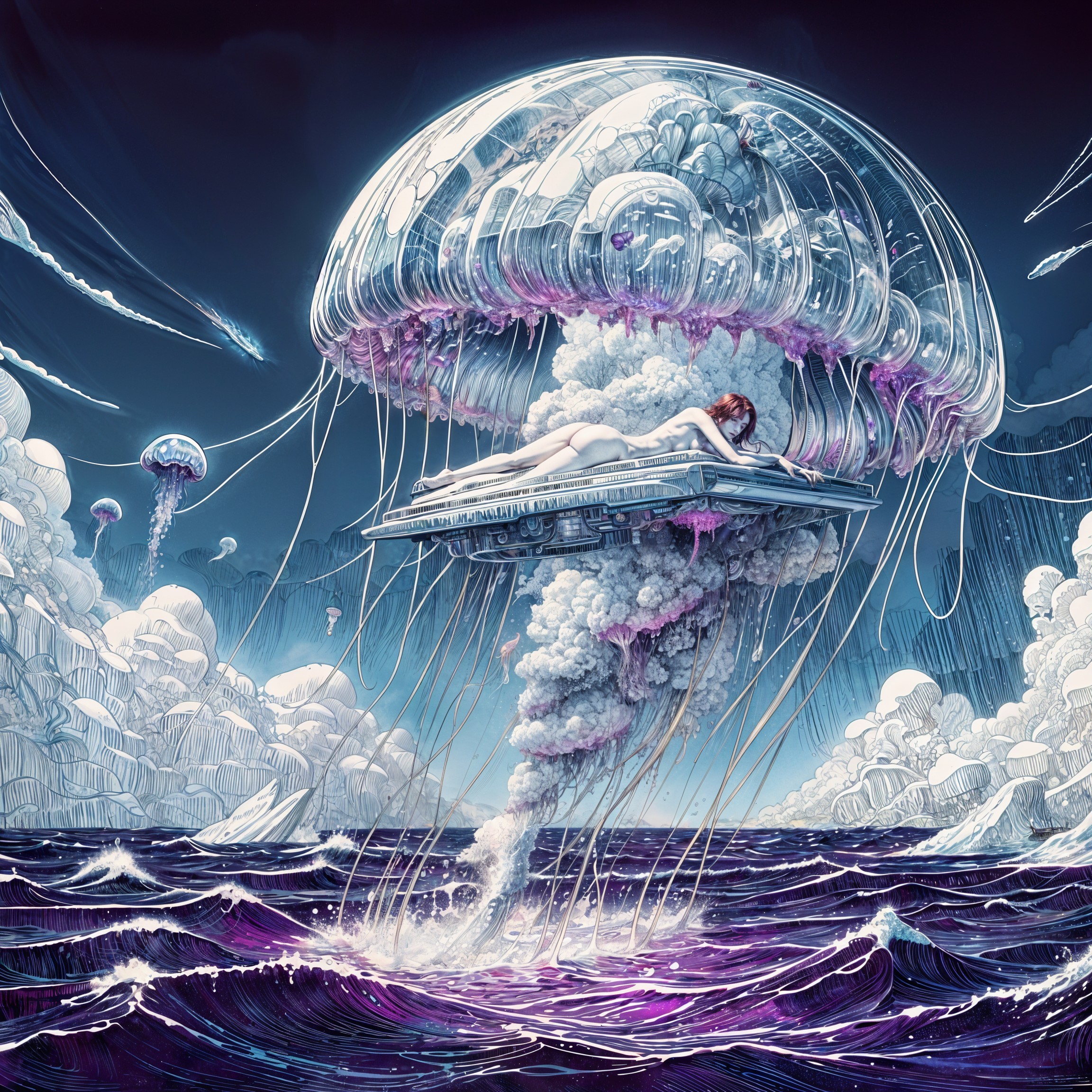 Surreal Scene of Giant Jellyfish Over Turbulent Ocean