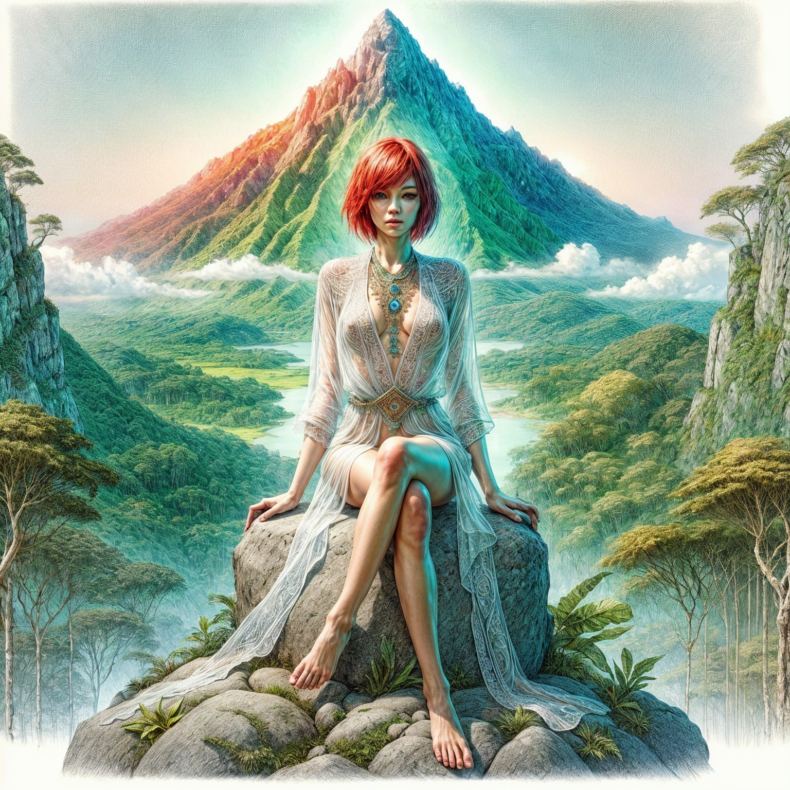 Serene figure on rock amidst nature's beauty