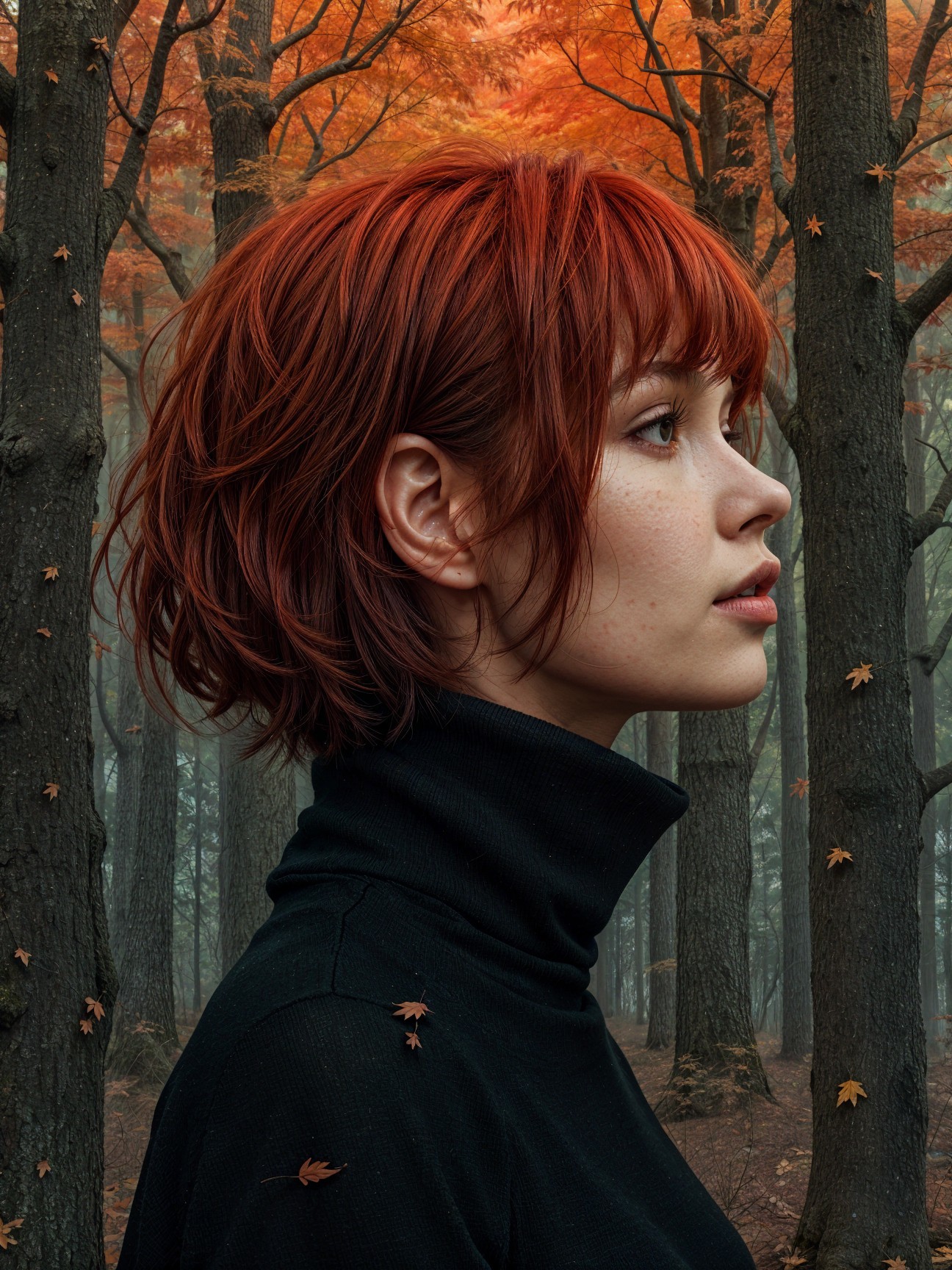 Young Woman with Red Hair in Autumn Forest Setting