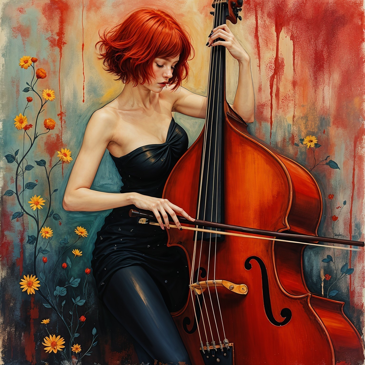 Young Woman with Red Hair Playing Double Bass