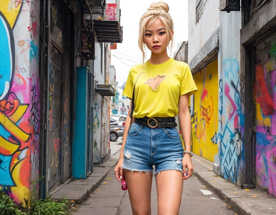 Young woman in vibrant urban alley with graffiti
