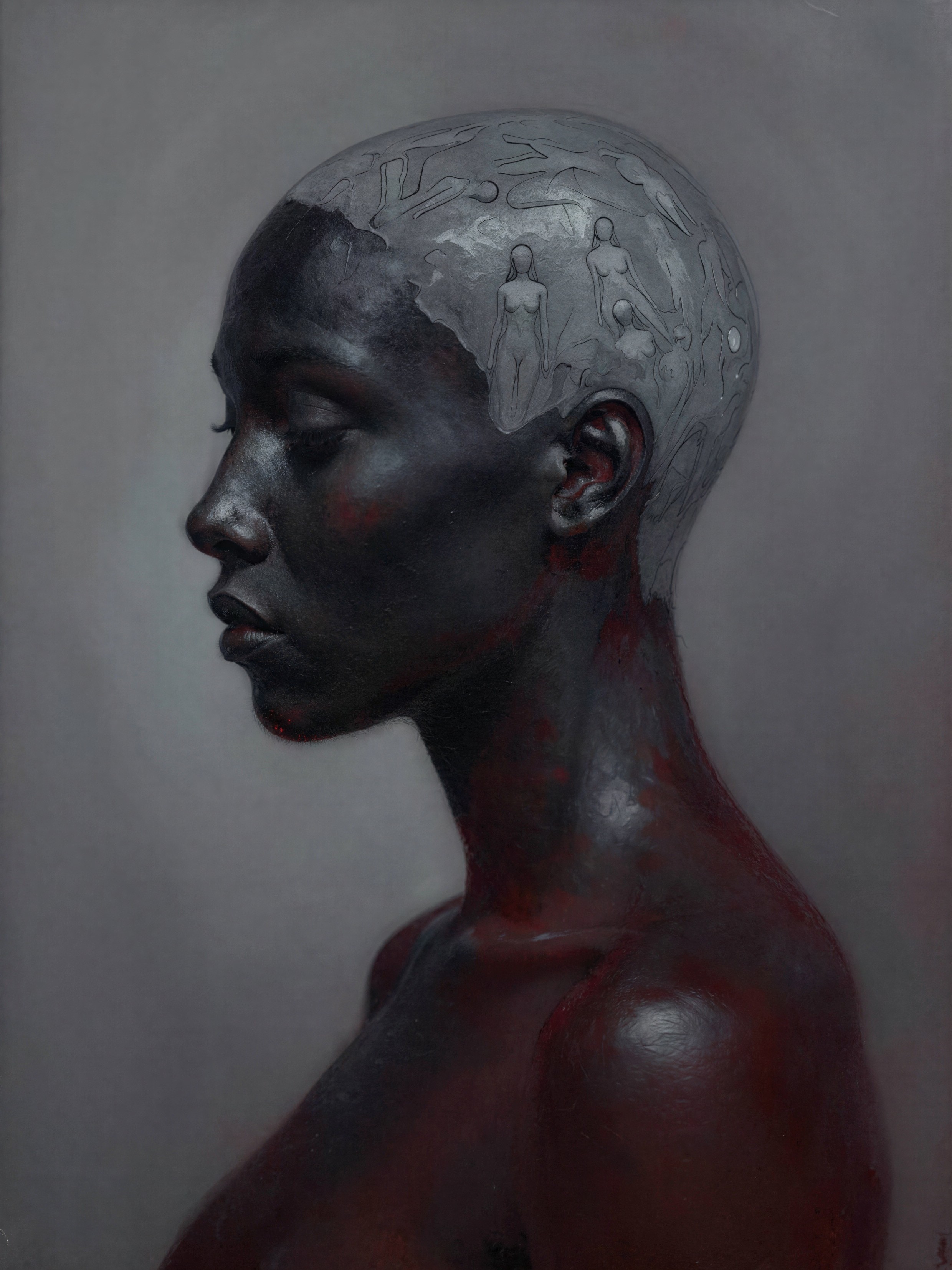 Close-Up Oil Painting of Profiled Dark-Skinned Figure
