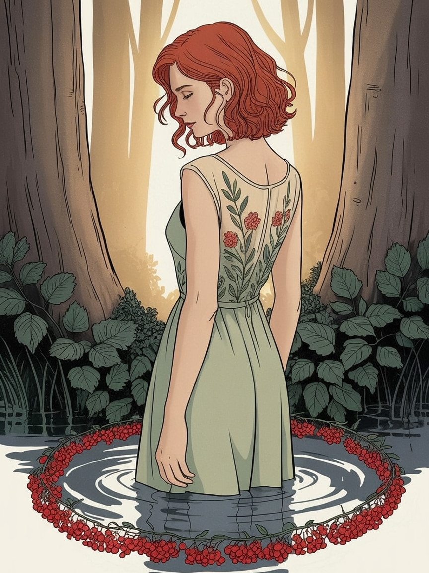 Young Woman in Serene Forest with Water and Petals
