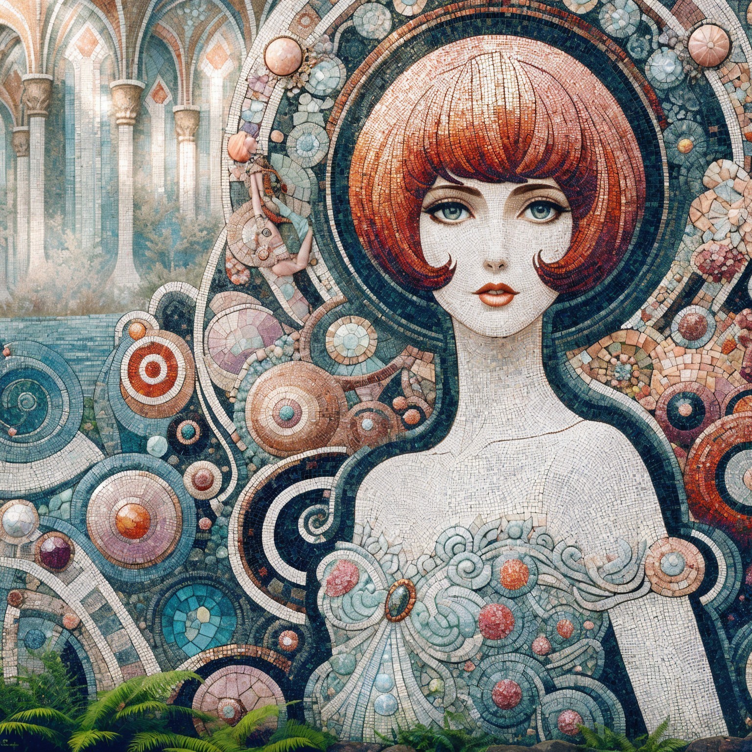 Mosaic Artwork of Woman in Colorful Dress and Background