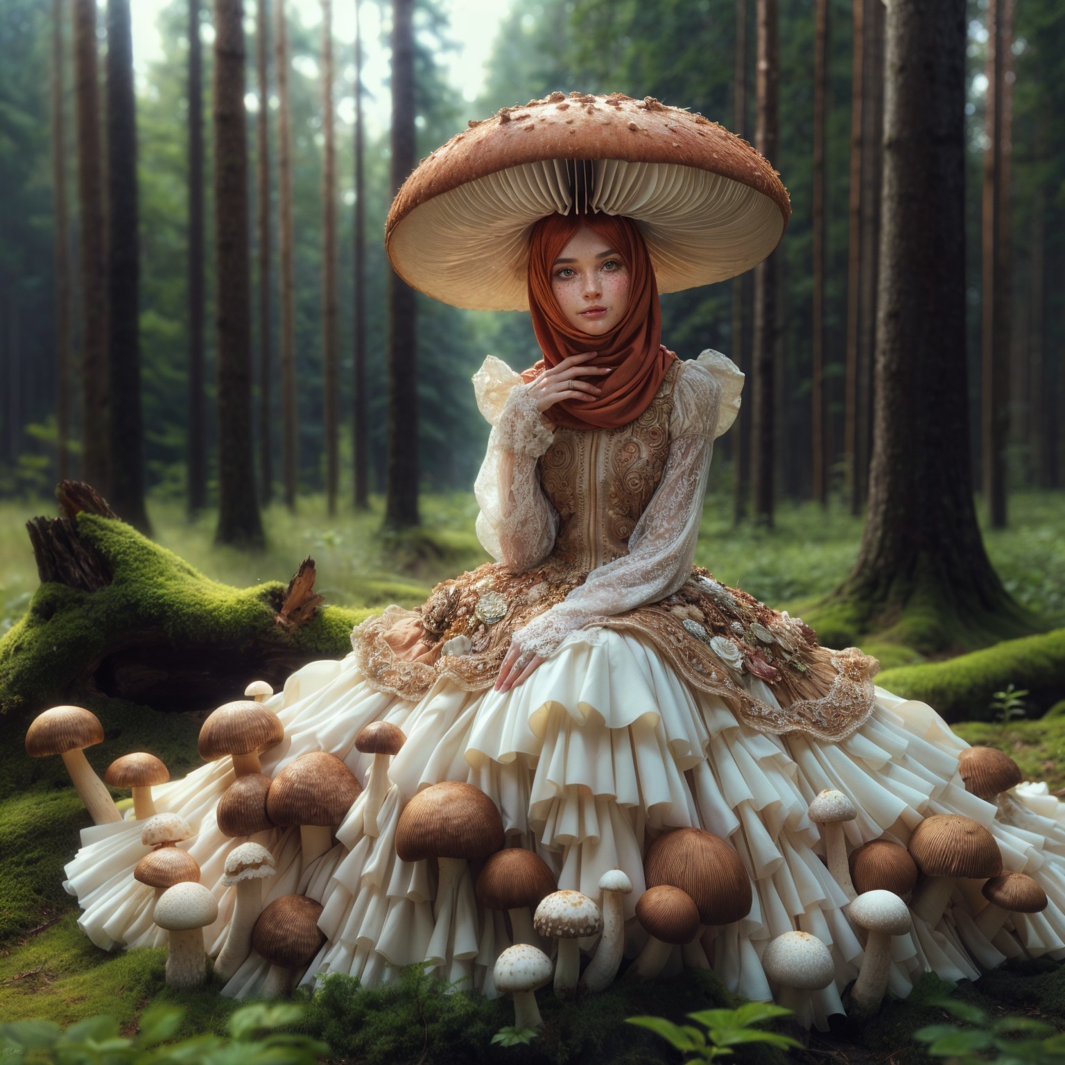 Woman in Nature-Inspired Gown in Mystical Forest