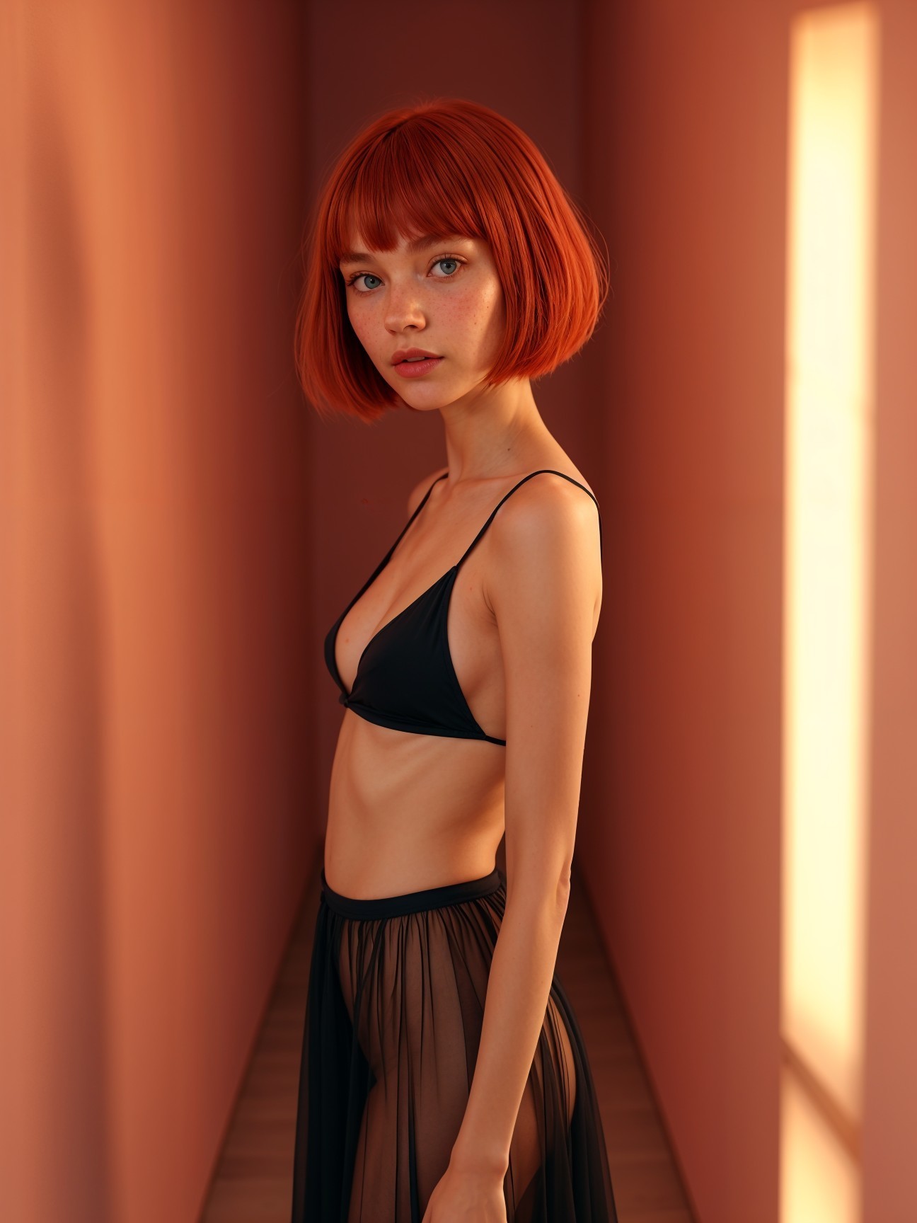 Young Woman with Red Hair in Warm Hallway Setting