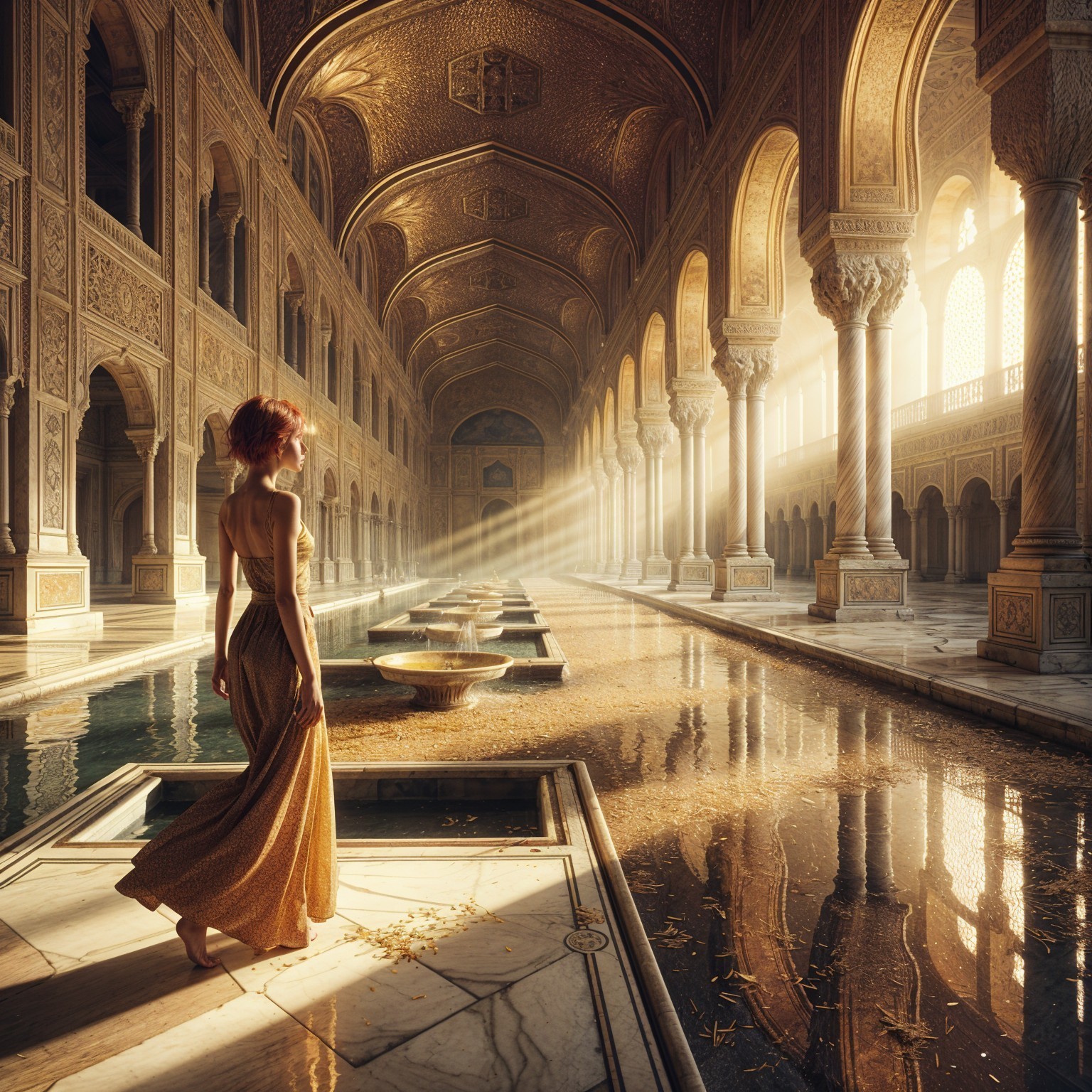 Sunlit palace interior with intricate arches and pool