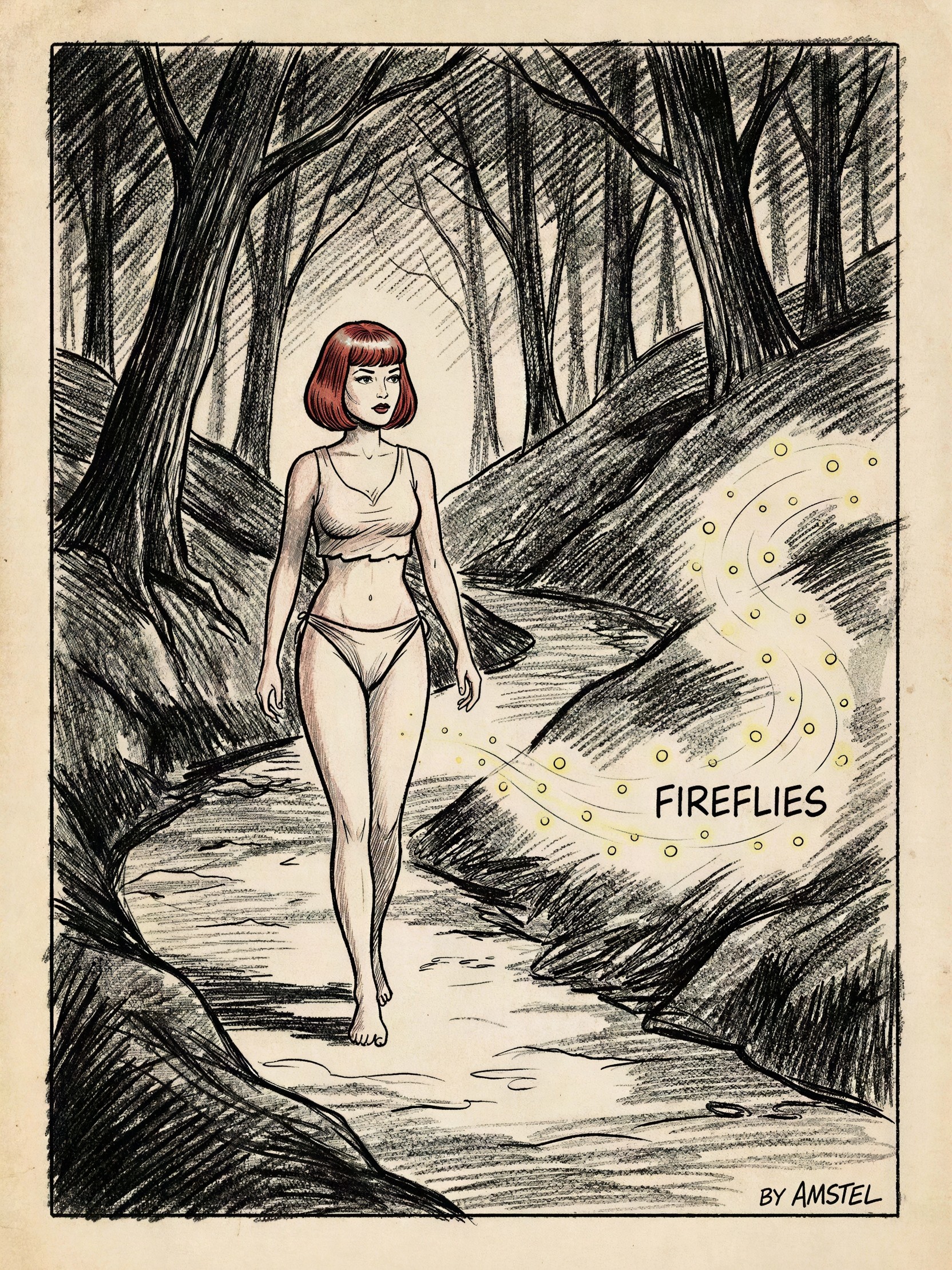 Redhead Woman in Bikini Walking Through Forest Stream