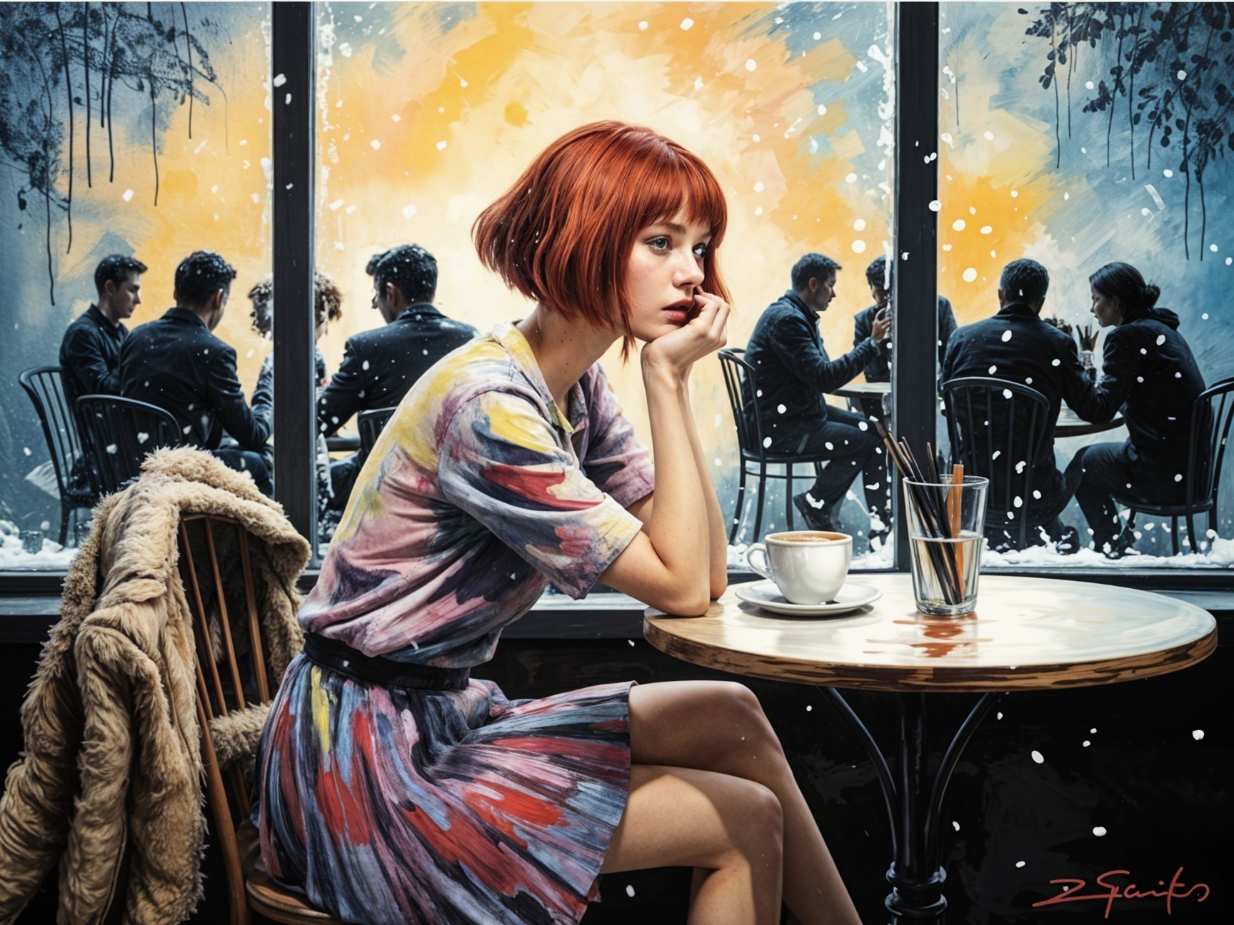 Woman with red hair in cozy café during snowstorm