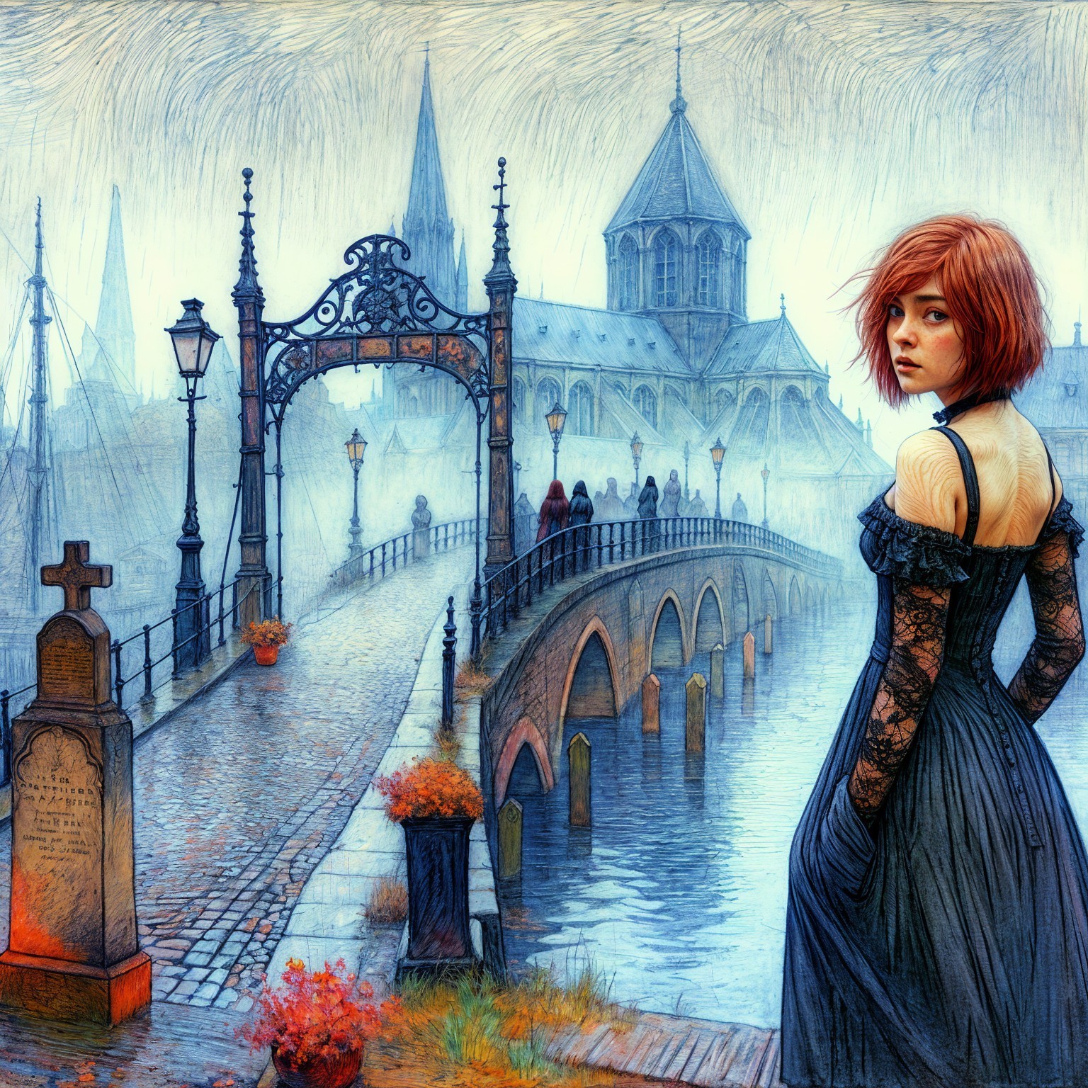 Woman in black dress by misty bridge and cathedral