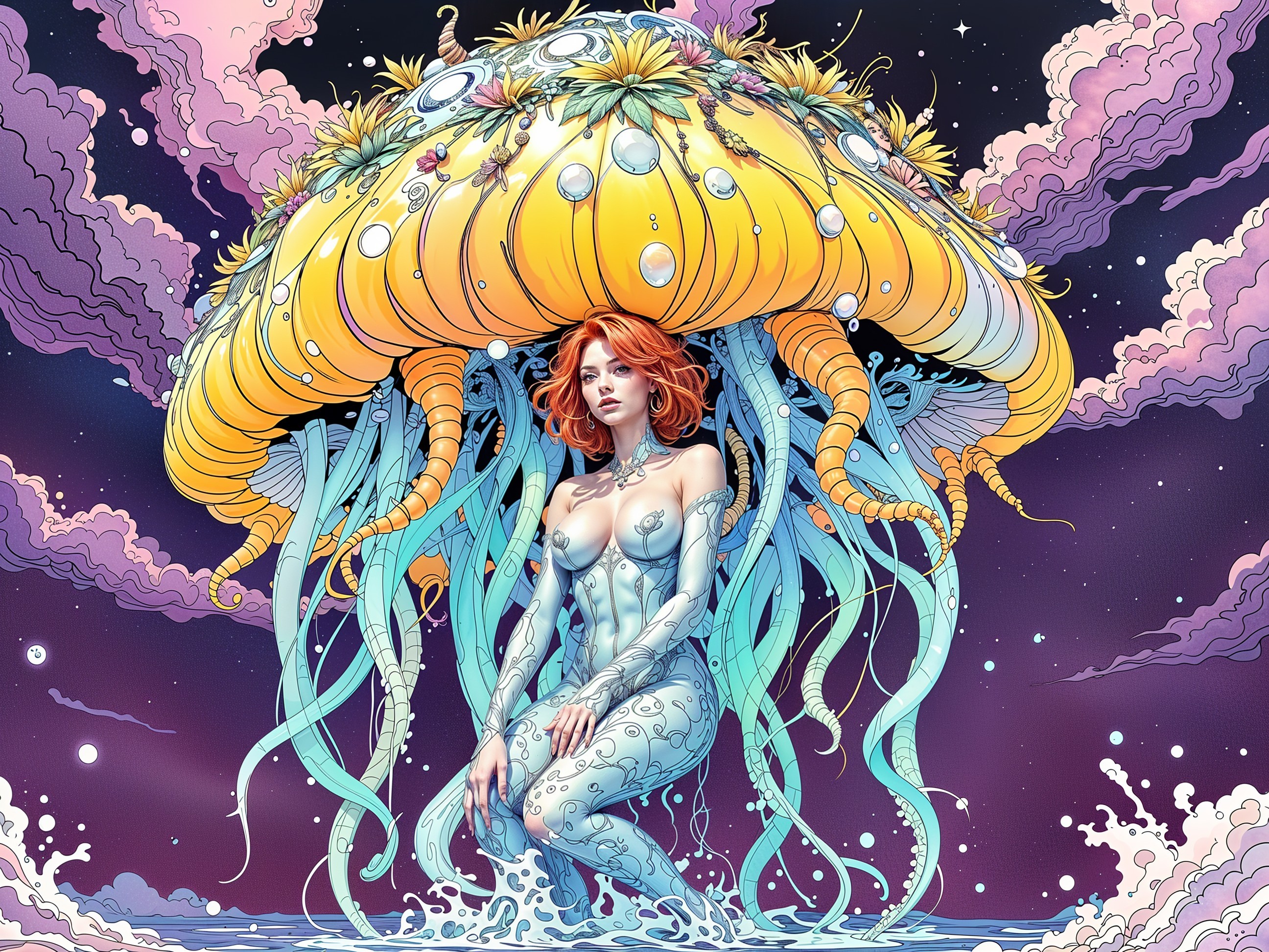 Woman Entwined with Jellyfish in Cosmic Scene
