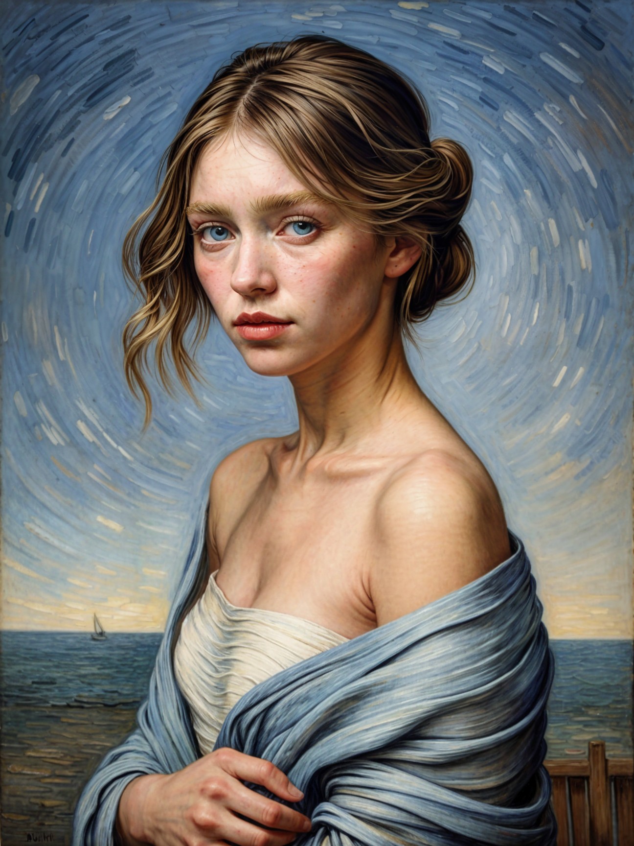 Young Woman in Flowing Dress with Dreamy Seascape