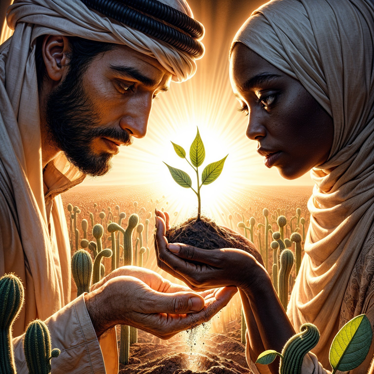 Symbolic Scene of Hopeful Collaboration in Desert Landscape