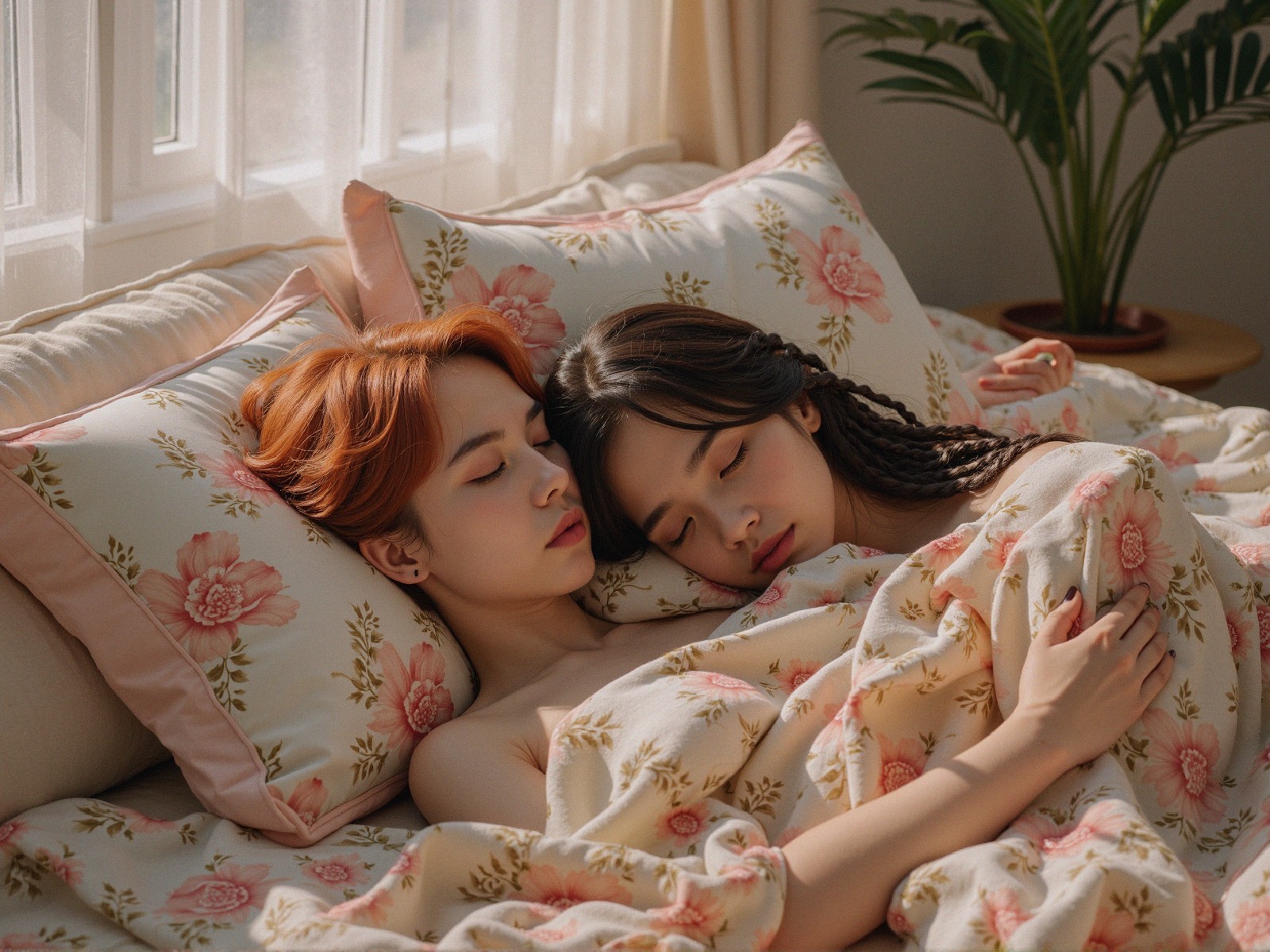 Two women sleeping in a cozy, sunlit bedroom
