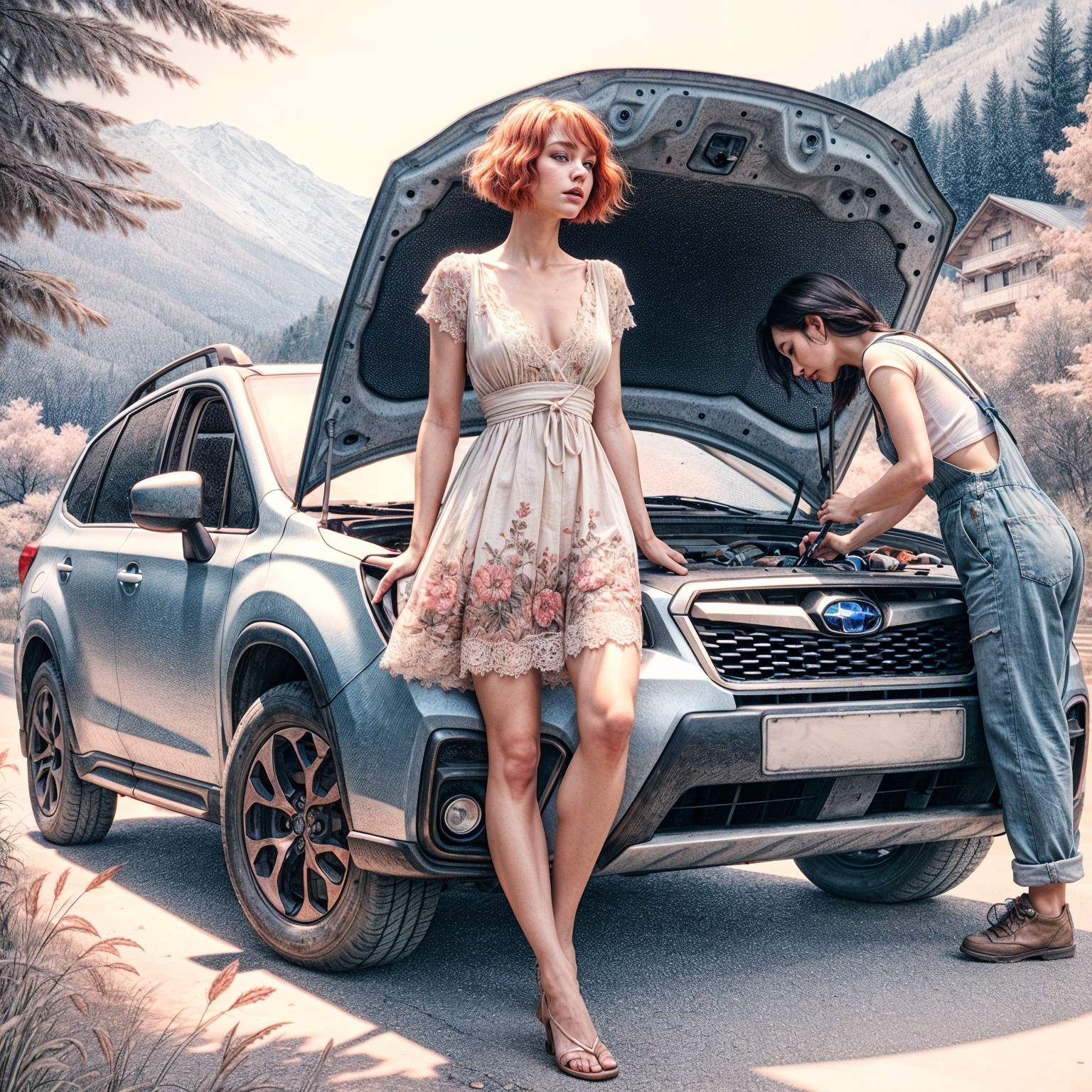 Women by Subaru SUV in Mountainous Landscape