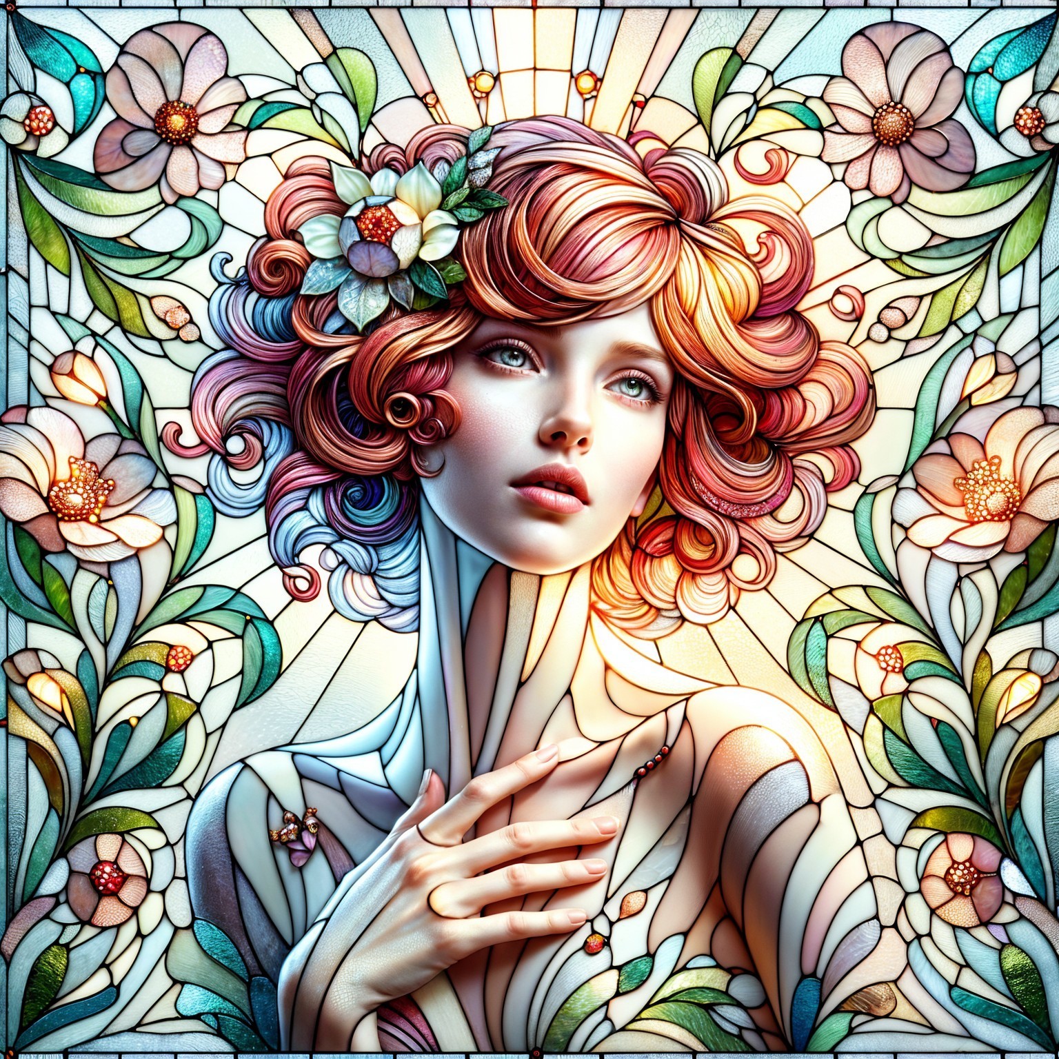 Stained Glass Artwork of Woman with Floral Patterns