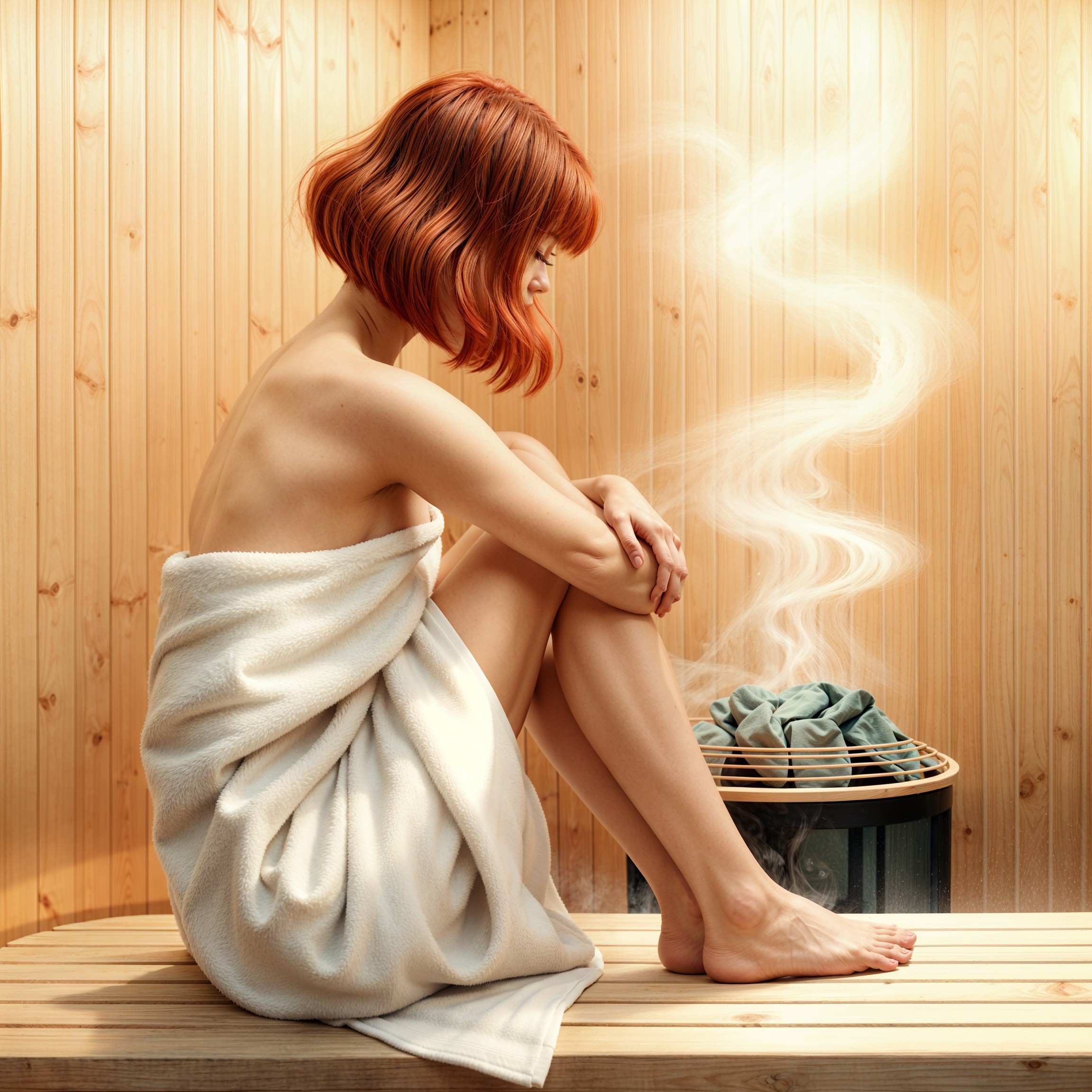 Woman in Towel on Sauna Bench with Soft Steam