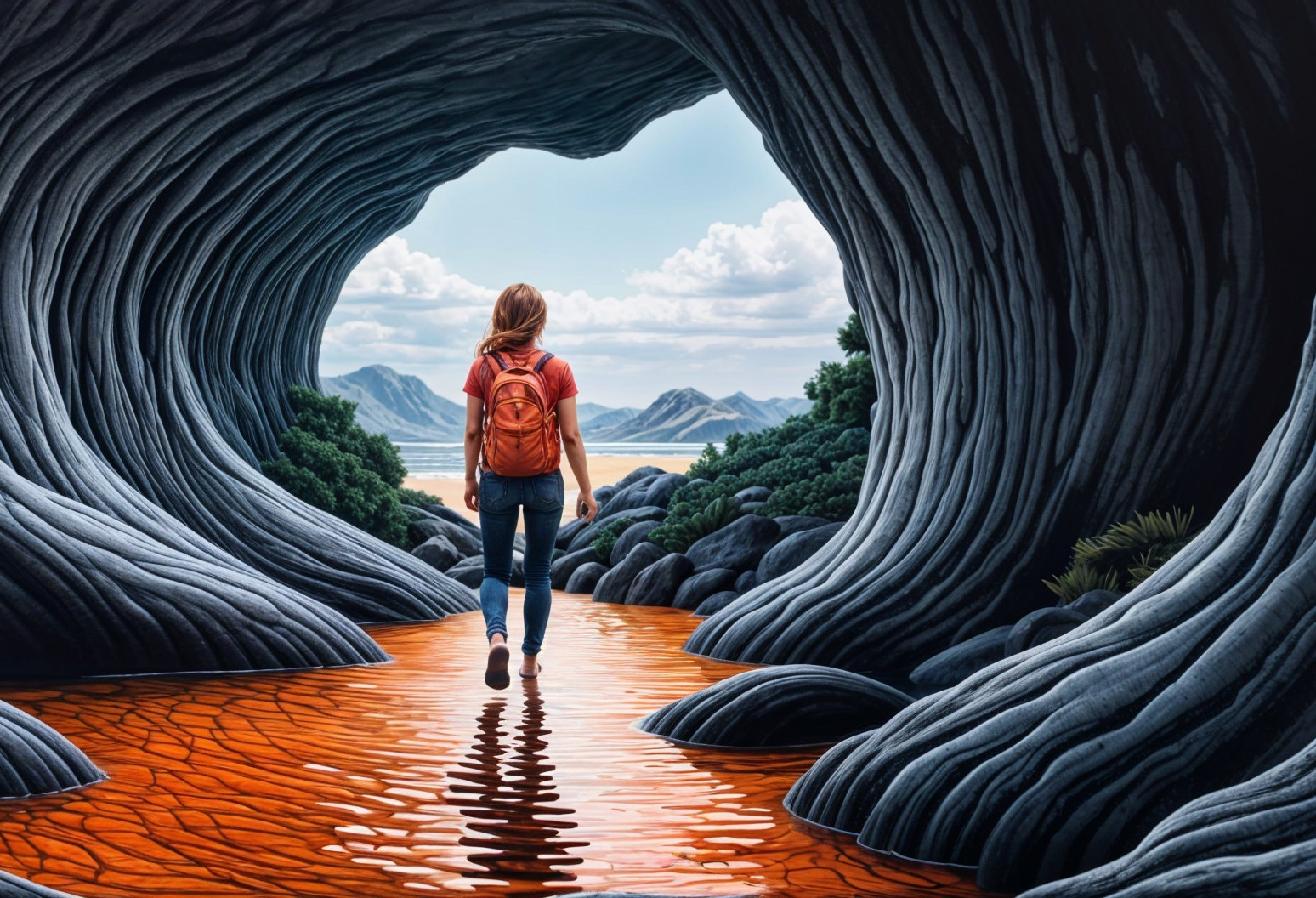 Young woman exploring a cave with scenic water view