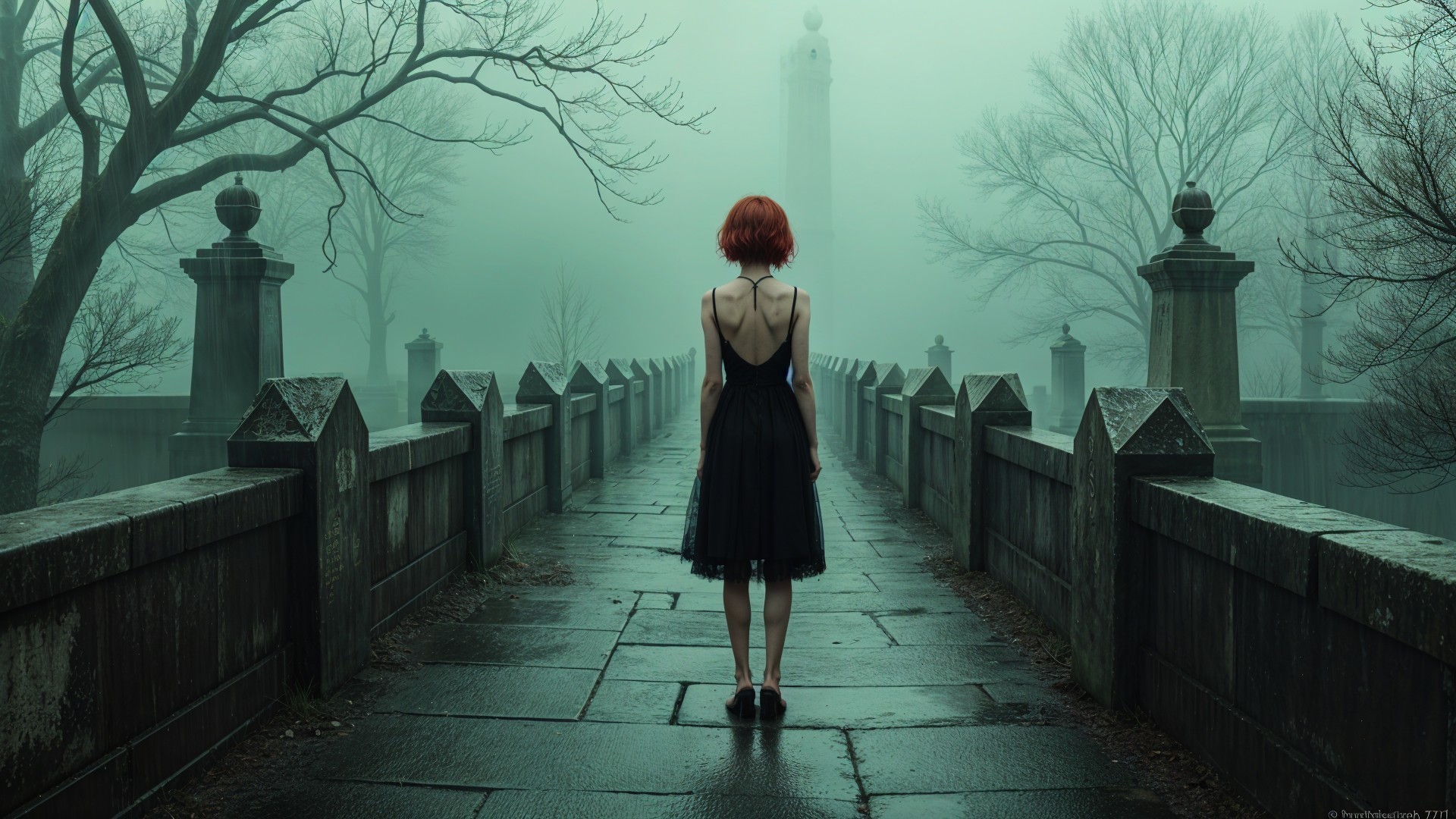 Solitary Figure on Misty Pathway to Ethereal Monument
