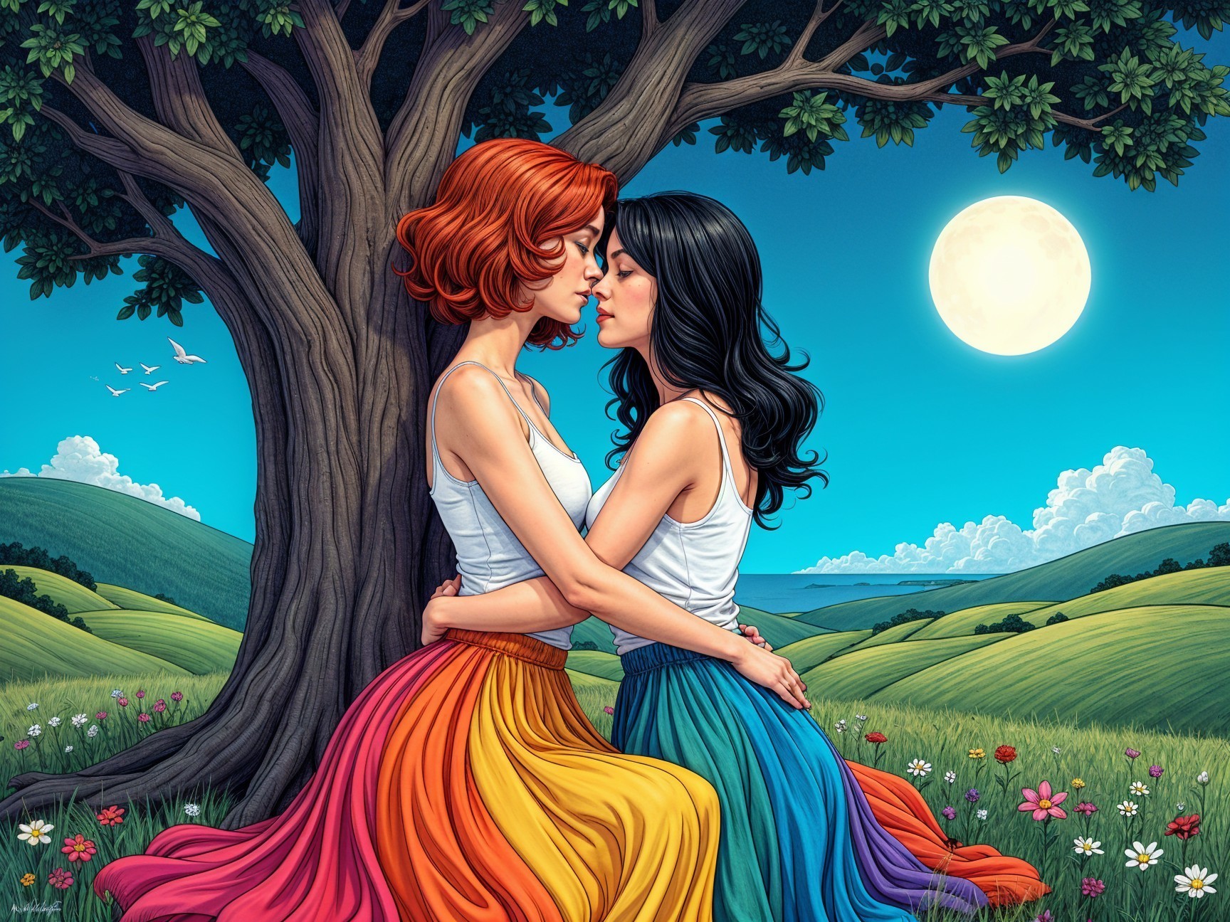 Serene Moonlit Landscape with Two Women by Tree