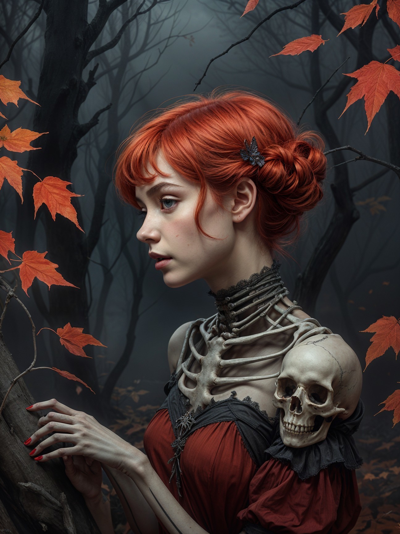 Young Woman in Elegant Gown in Eerie Forest Setting