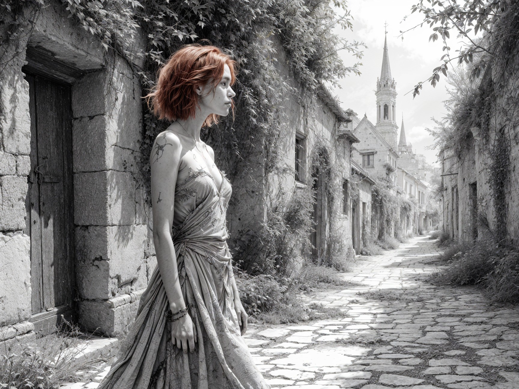 Solitary Woman in Abandoned Village in Black and White
