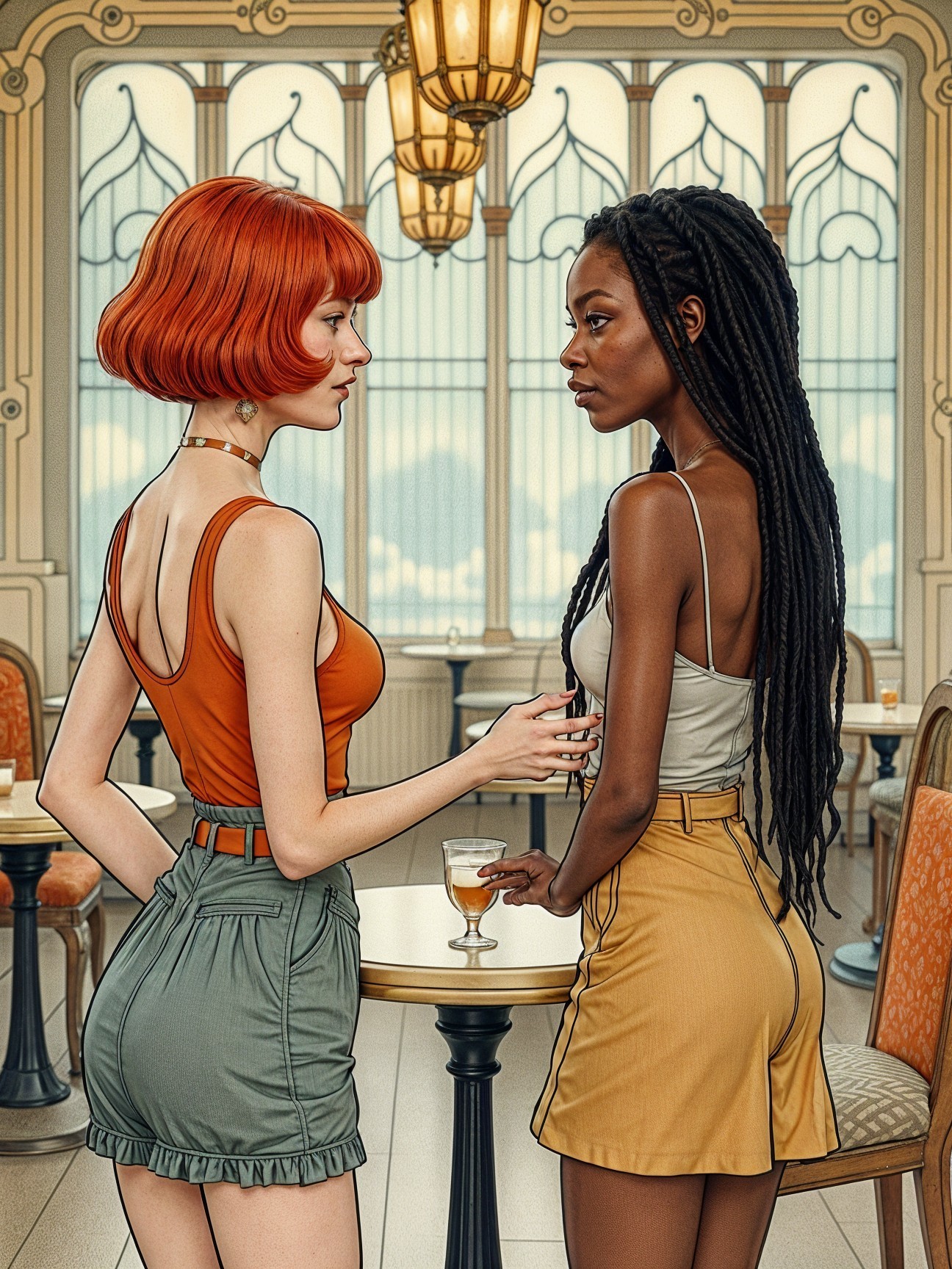 Café Scene with Two Women in Stylish Attire